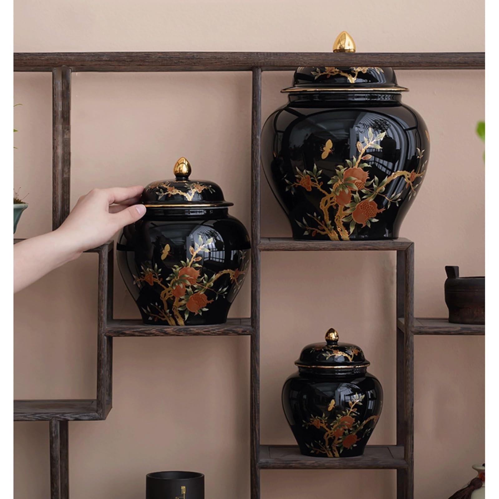 EYPKPL Glasierte Keramik-Ingwerdose mit Deckel, Chinoiserie-Porzellan, Pfirsich-Druck, Vorratsdose, Blumenvase, dekorative Teedose, Klassische Tempeldose(Bleu,M)