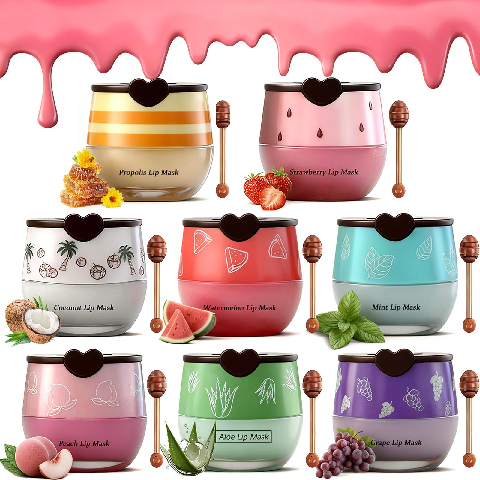 8 PCS Bee Lip Balm Pot, Fruit Moisturizing Propolis Lip Mask, Lip Mask Overnight Moisturizing Lip Balm Hydrating Prevention Dry and Crack Lip Scrubs