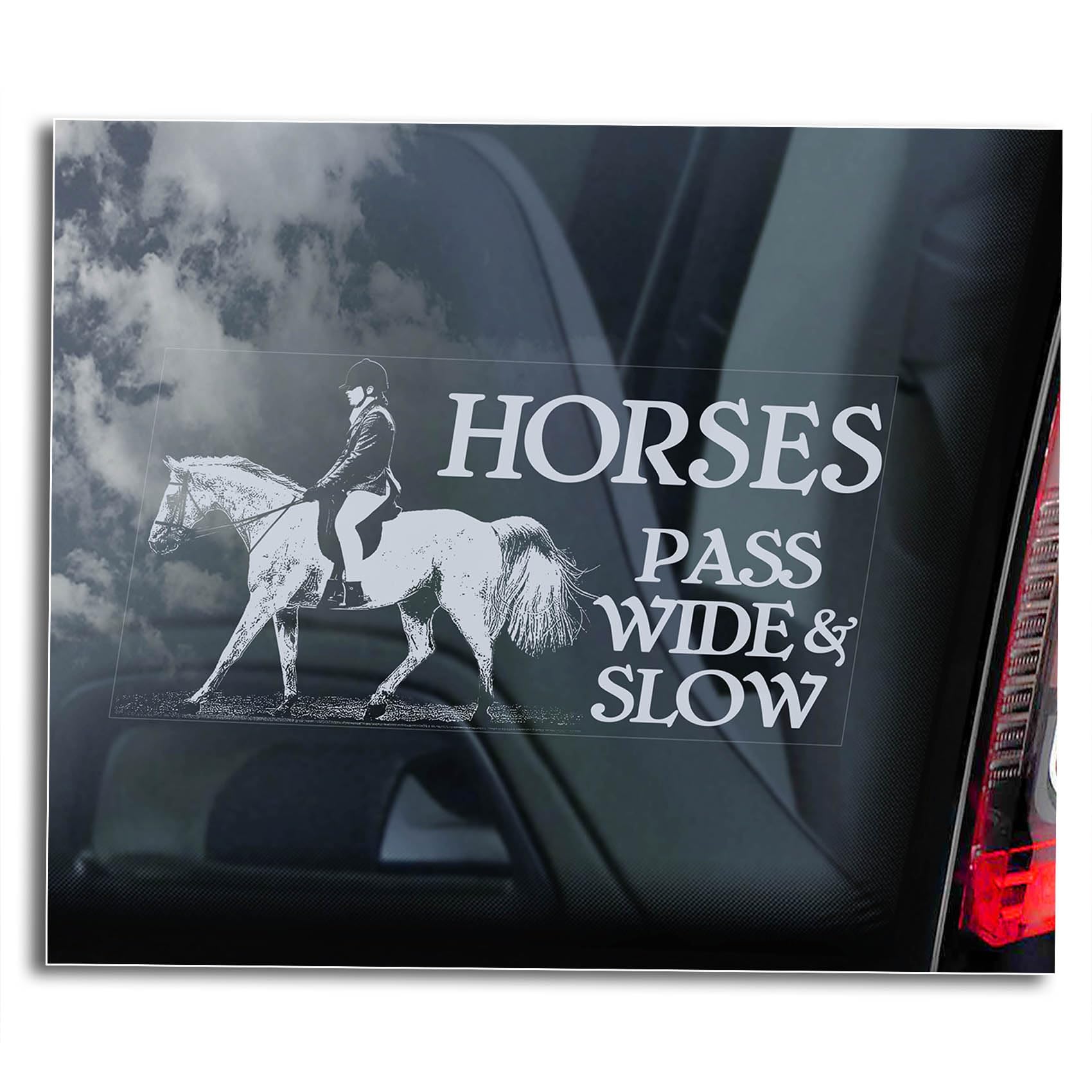 'HORSES Pass Wide and slow' Car Sticker, Horse Safety Window Sign, Slow Down Horse Decal, Equestrian Riding Gift -V06 (External - White Print)