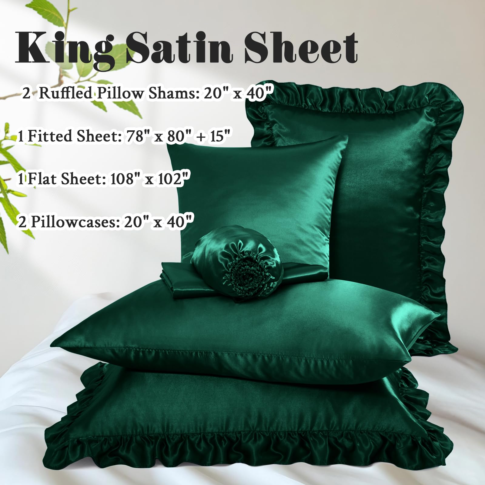Homiest Juego de sábanas de satén con volantes, tamaño King, 6 piezas, color verde oscuro, con sábana bajera de 15 pulgadas de profundidad, 1 sábana encimera, 2 fundas de almohada con volantes y 2