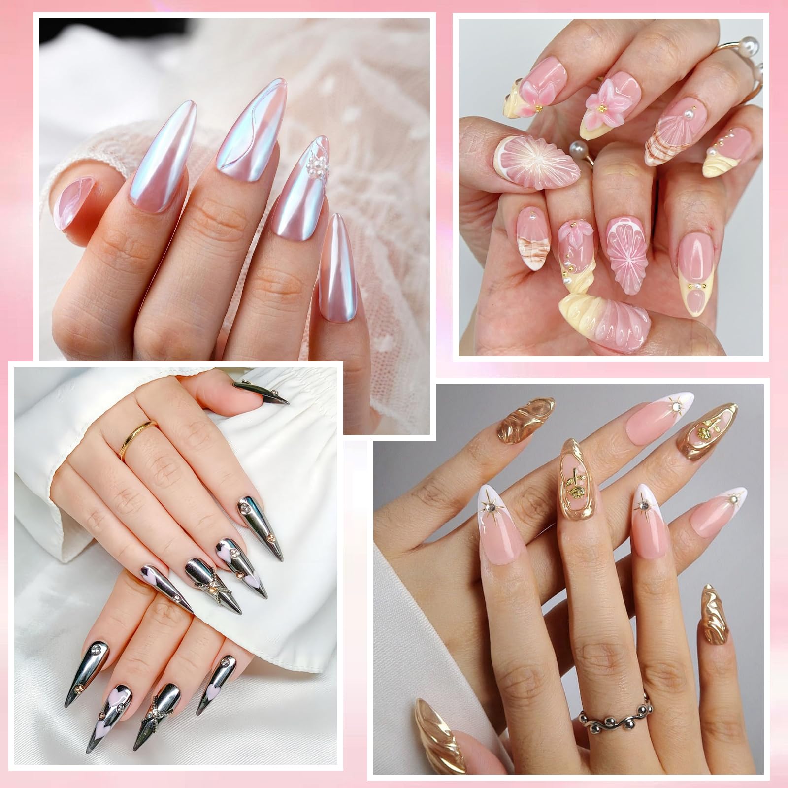 Gel 3D Scultura Nail Art Kit, 15 g 3D Builder Gel Unghie con Polvere Cromate Unghie Oro Argento e Perline Metalliche Charms per Decorazioni Unghie 3D DIY Effetto Specchio e Design