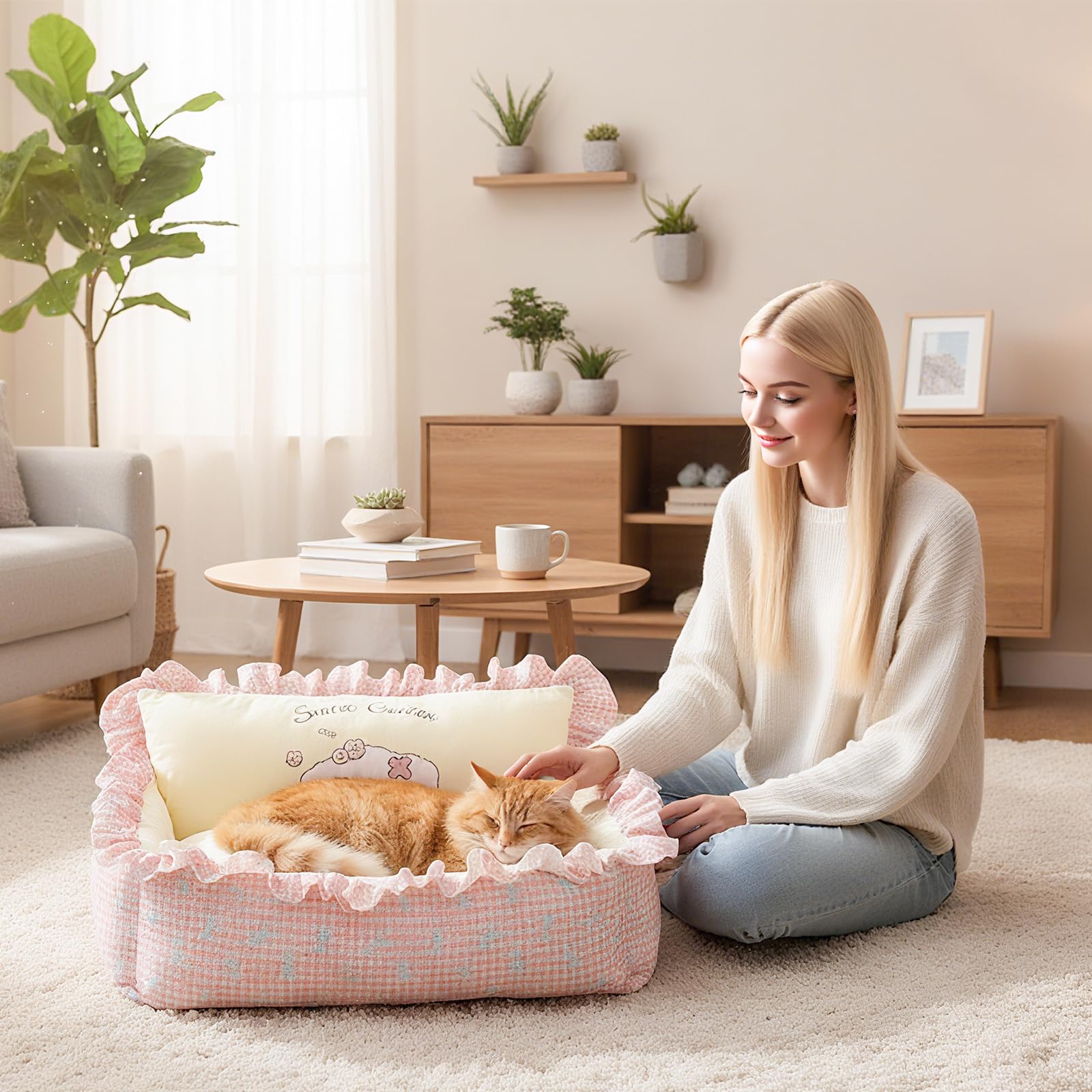Galatée Cama para Perros, Cama para Mascotas con Funda Extraíble y Lavable, Nido Duradero para Gatos De Interior, Bonito Sofá para Mascotas con Base Antideslizante(L, Rosa)