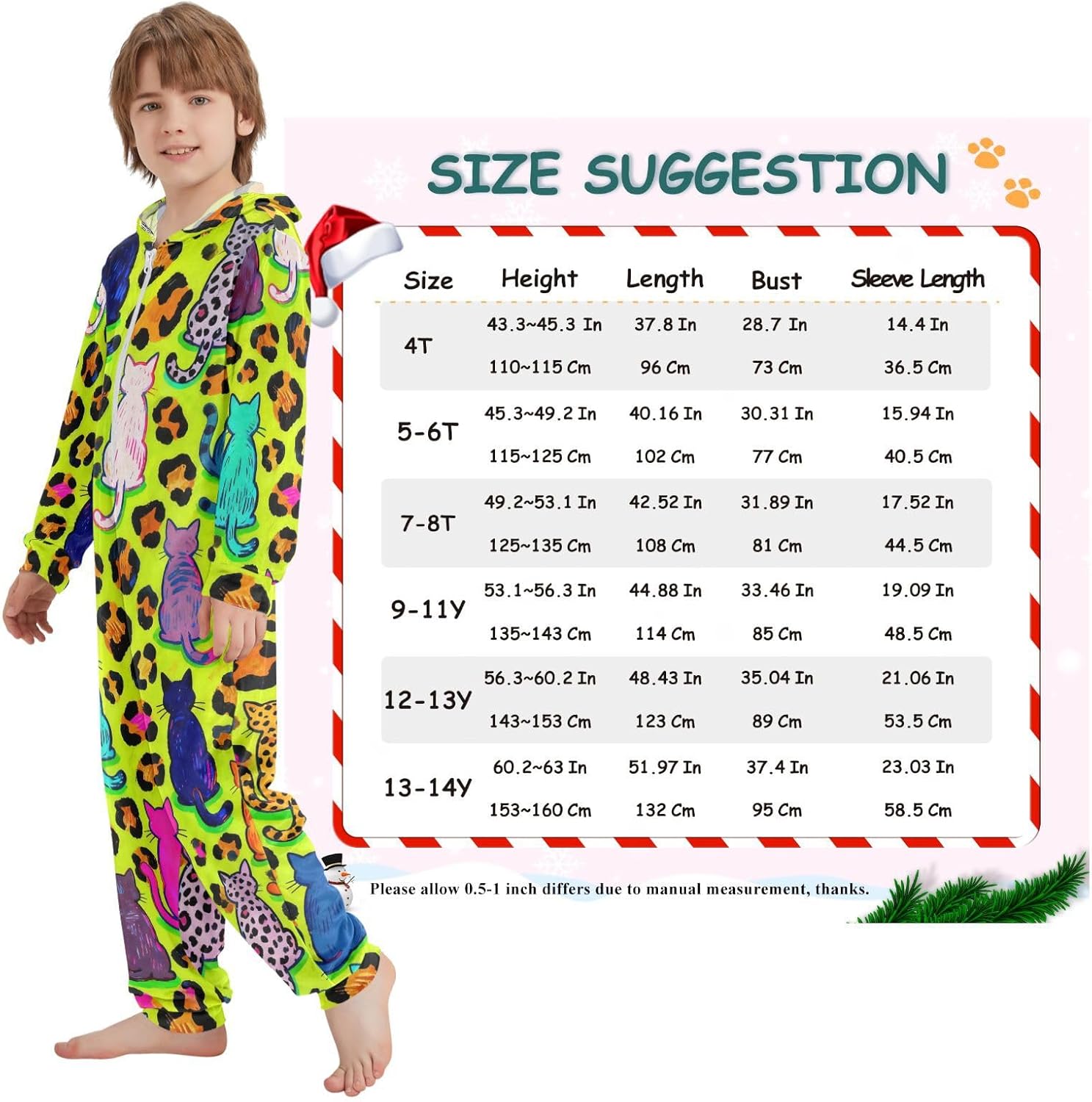 Unisex Onesie Pajamas Long Sleeve Hooded Sleepwear Holiday Loungewear for Christmas Home 4-14Y