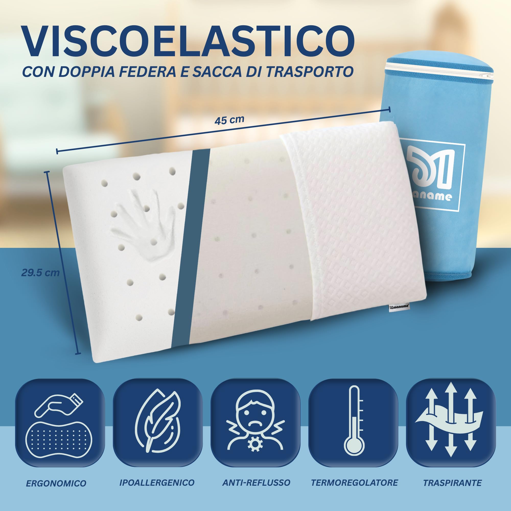 maname Cuscino Neonato 0-1-2-3 Anni Plagiocefalia Antisoffoco Antireflusso - Cuscino Lettino Bambino Viscoelastico Ergonomico - 40x60 Basso, Doppio Rivestimento Anti-Acari Traspirante - Baby Pillow