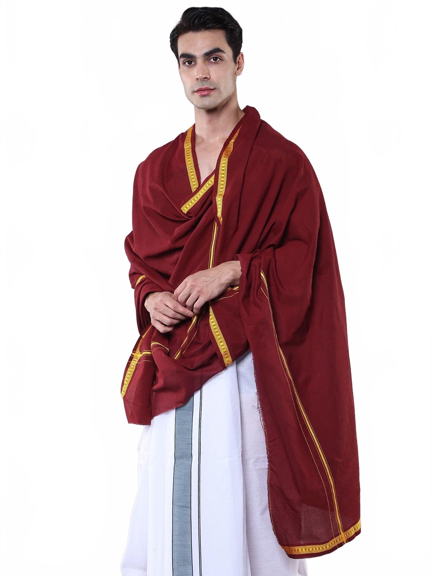 exotic india Pure Cotton Angavastram with Thread Border | Men's Ethnic Angvastram Religious Ceremony Wear-picture-14