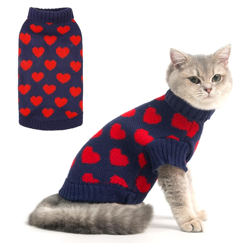 Suéter de gola alta para gatos KOOLTAIL em malha macia com estampa de coração Navy Medium