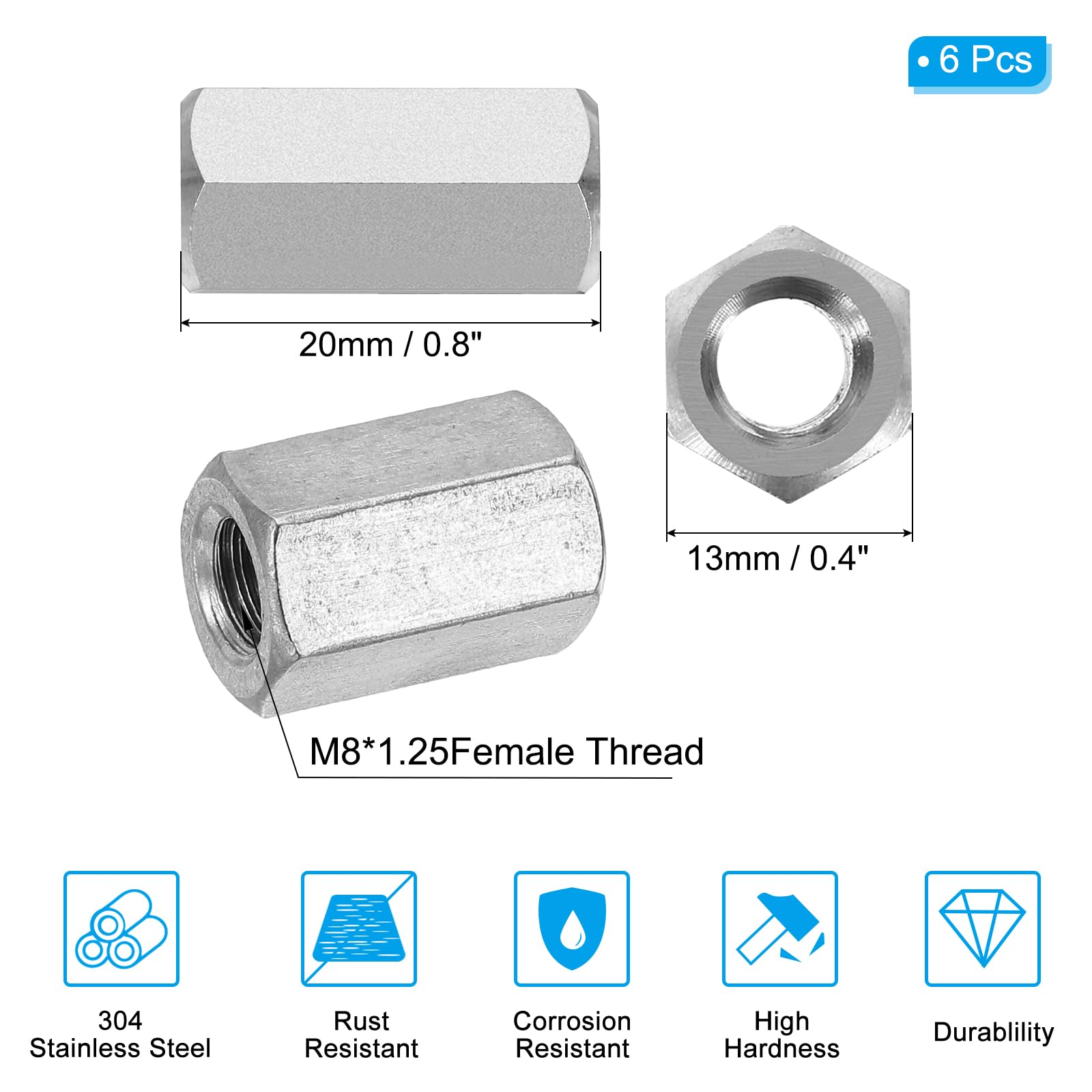 PATIKIL M8 x 1.25-Pitch 304 Stainless Steel Hex Coupling Nuts - Image 2