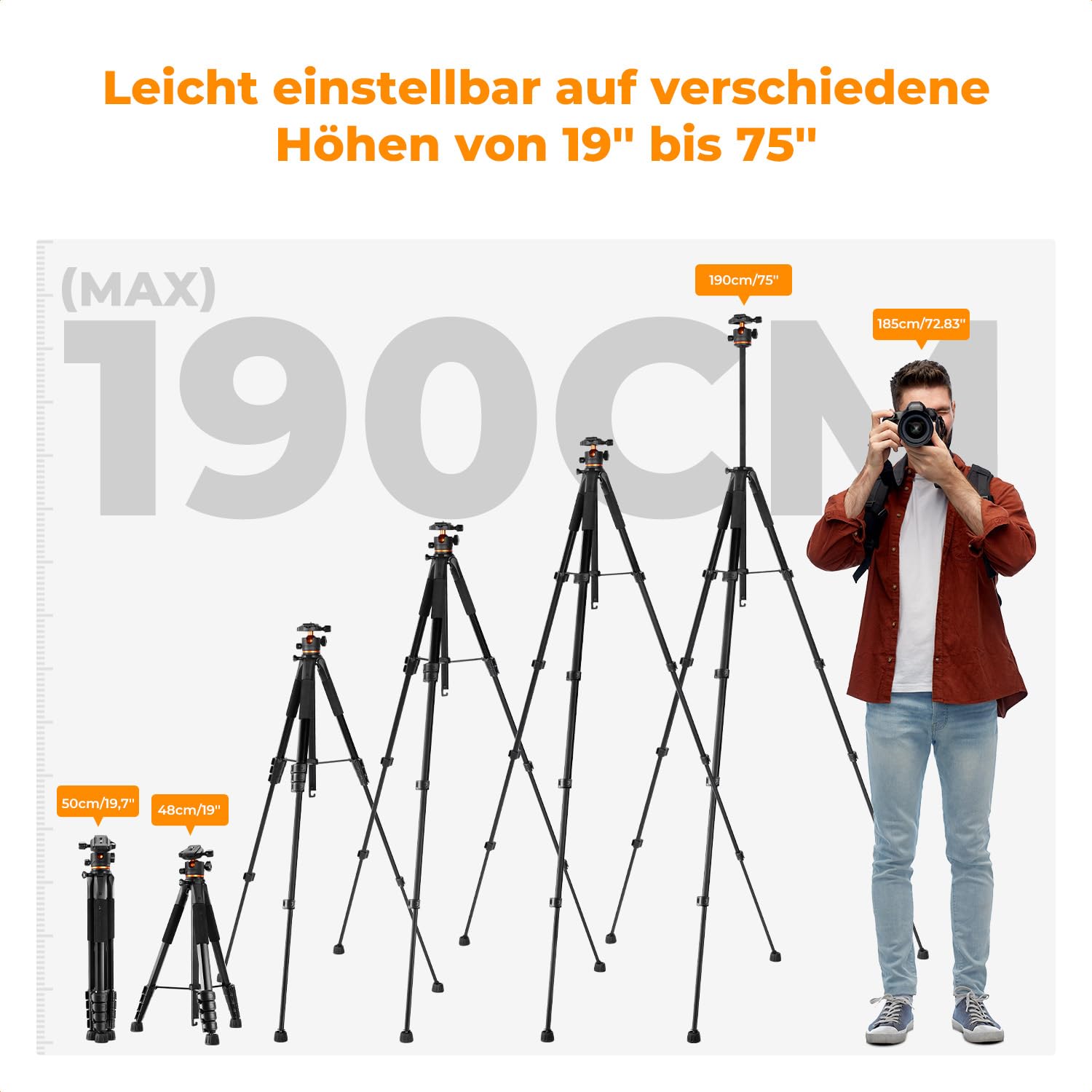 K&F CONCEPT Kamerastativ S255A3+BH-36,190cm Handy-Stativ,Tripod für Canon Nikon Sony Kamera/DSLR/Camcorder,Stativ für Smartphone,Reisestativ mit Handy-Tablet-Halterung