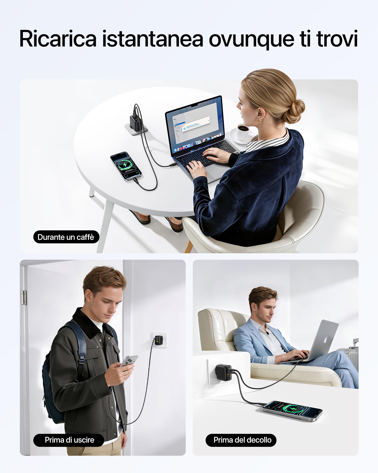 Baseus Enerfill - Caricatore USB C da 70 W, confezione da 2 caricabatterie rapido GaN6 a 3 porte, alimentatore compatto per MacBook Air, iPhone 17/16/15 Pro Max, iPad Pro, Galaxy S25/S24, Pixel