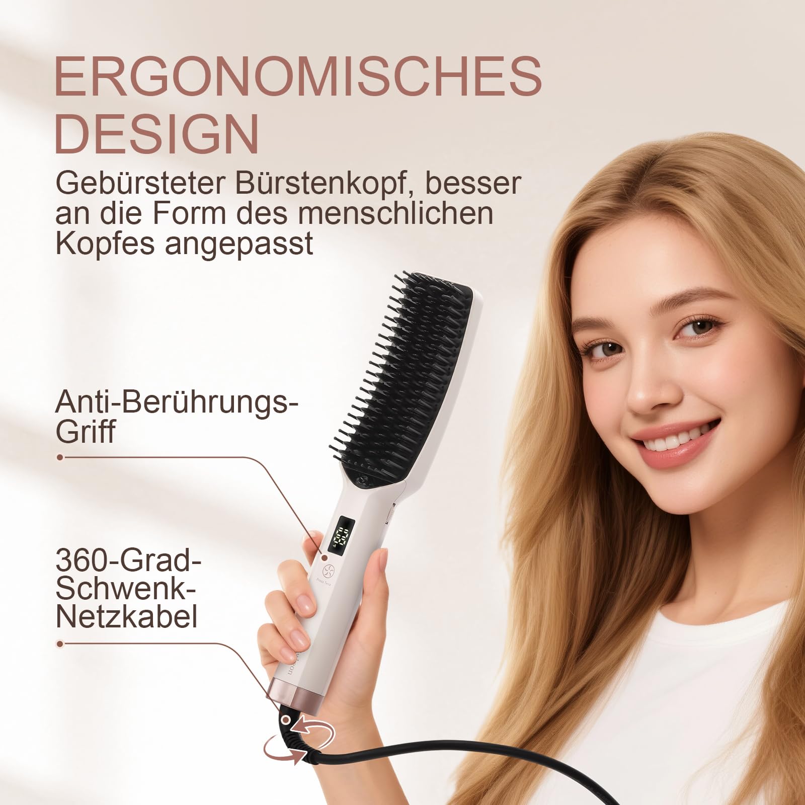 Ionen-Glättbürste langes Haar, 16 Stufen 80–230°C, Dual Voltage | Keramik Ionen Haarglätter Bürste mit dichter Borste & Airflow, 360° Dreh-Kabel, Anti-Verbrühungs