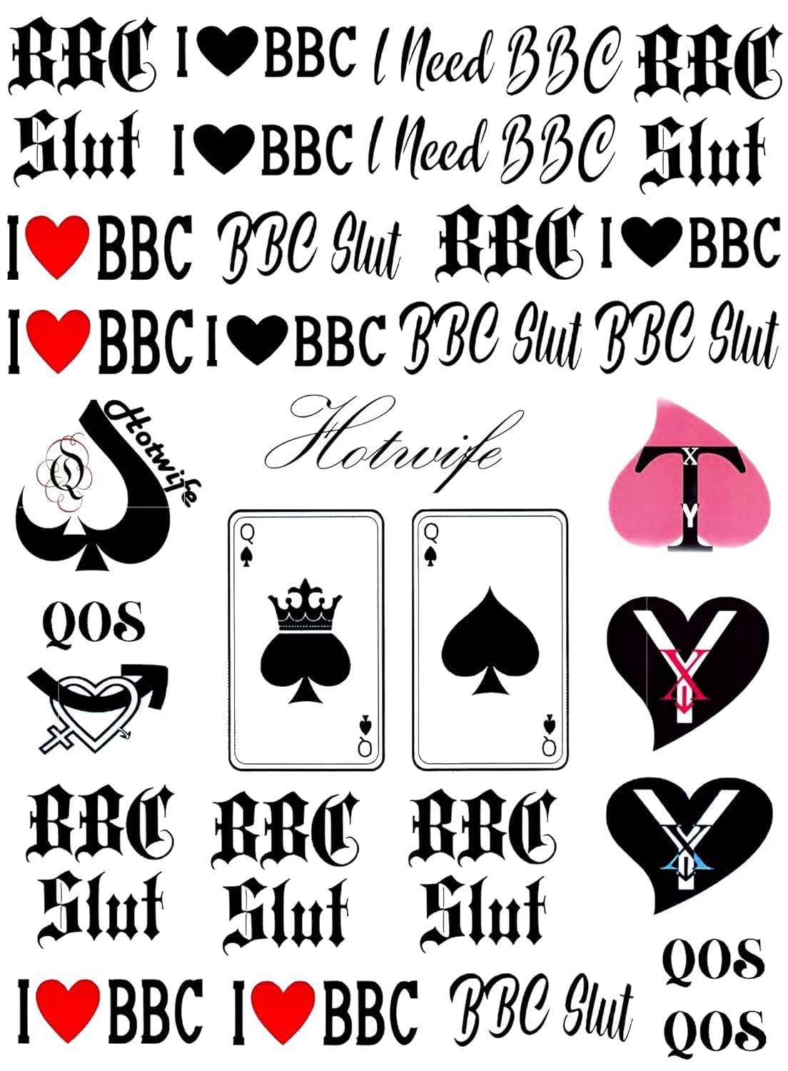 BBC Queen of Spades temporäre Tattoo-Aufkleber, insgesamt 81 (15 x 21 cm), QOS Hardcore-Wörter, Sätze, temporäre Tattoos, 4 Bögen