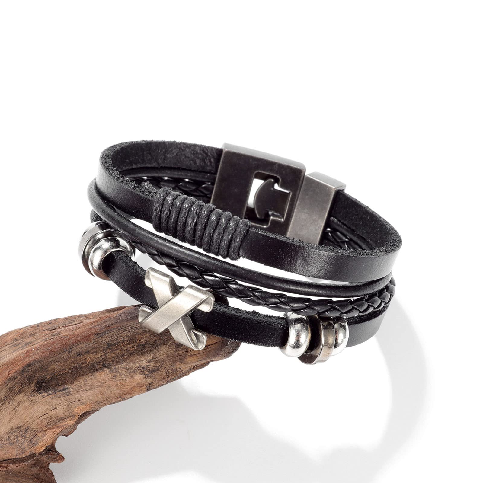 Pulsera de Hombre Pulsera de Cuero Pulsera de Acero Inoxidable Pulsera Trenzada Pulsera de Cuero Trenzada Multicapa Vintage en Forma de X