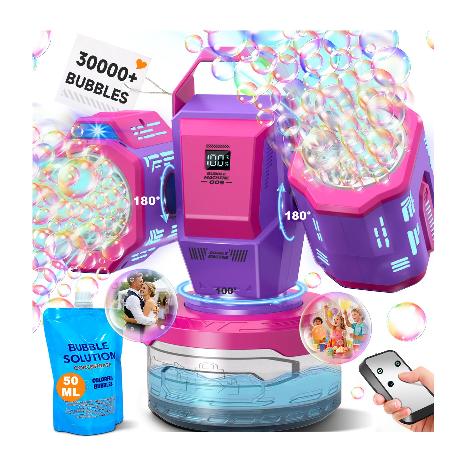 Photo 1 of Rechargeable Bubble Machine with RGB Lights: 30,000 Bubbles/Min Storm, Auto 360° Rotation, Battery% Display - Remote Control Bubble Maker for Romantic Wedding, Kids Party & Outdoor Events