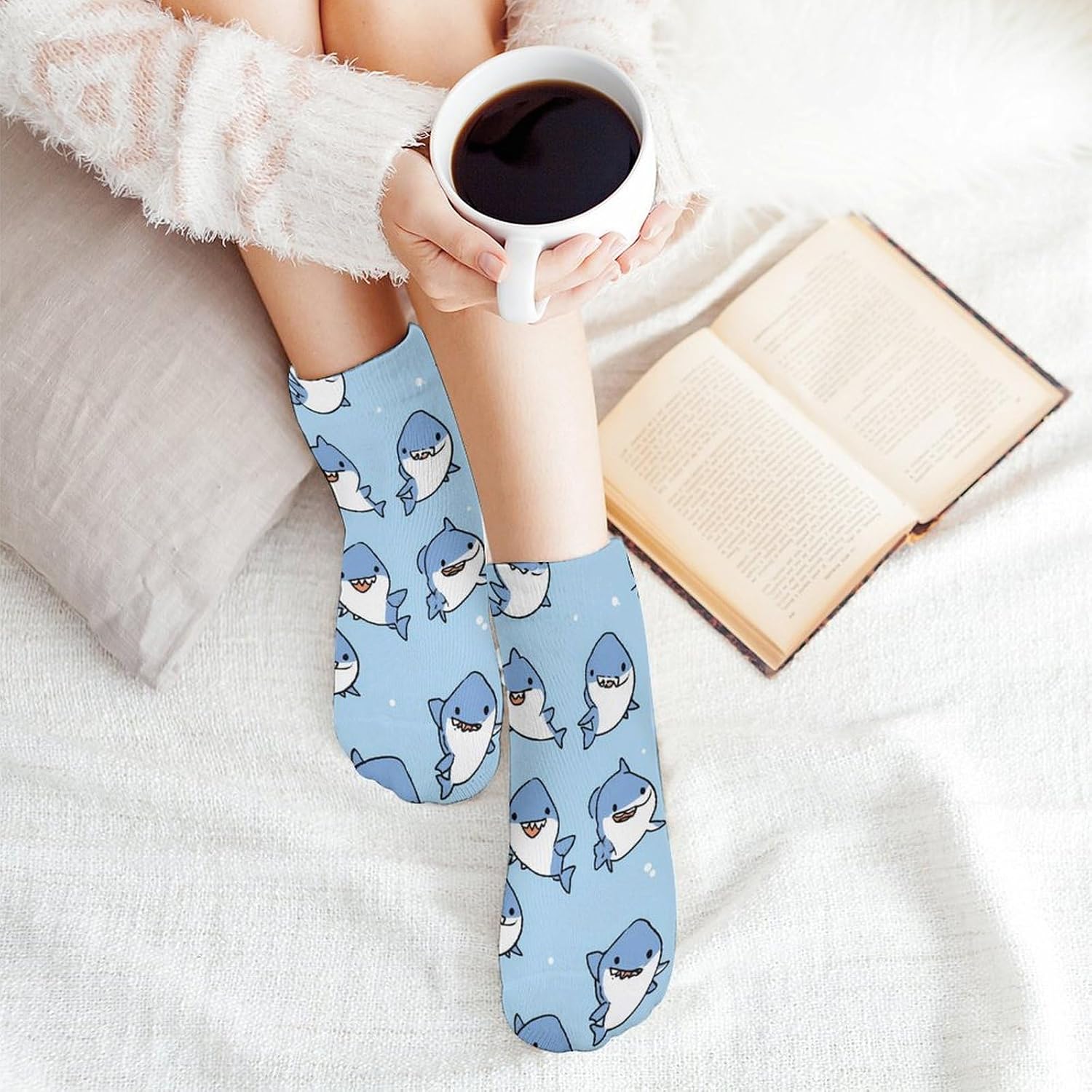 Shark Cartoon Abstract No Show Ankle Socks Low Cut Non Slip Flat Boat Line 5 Pairs Set