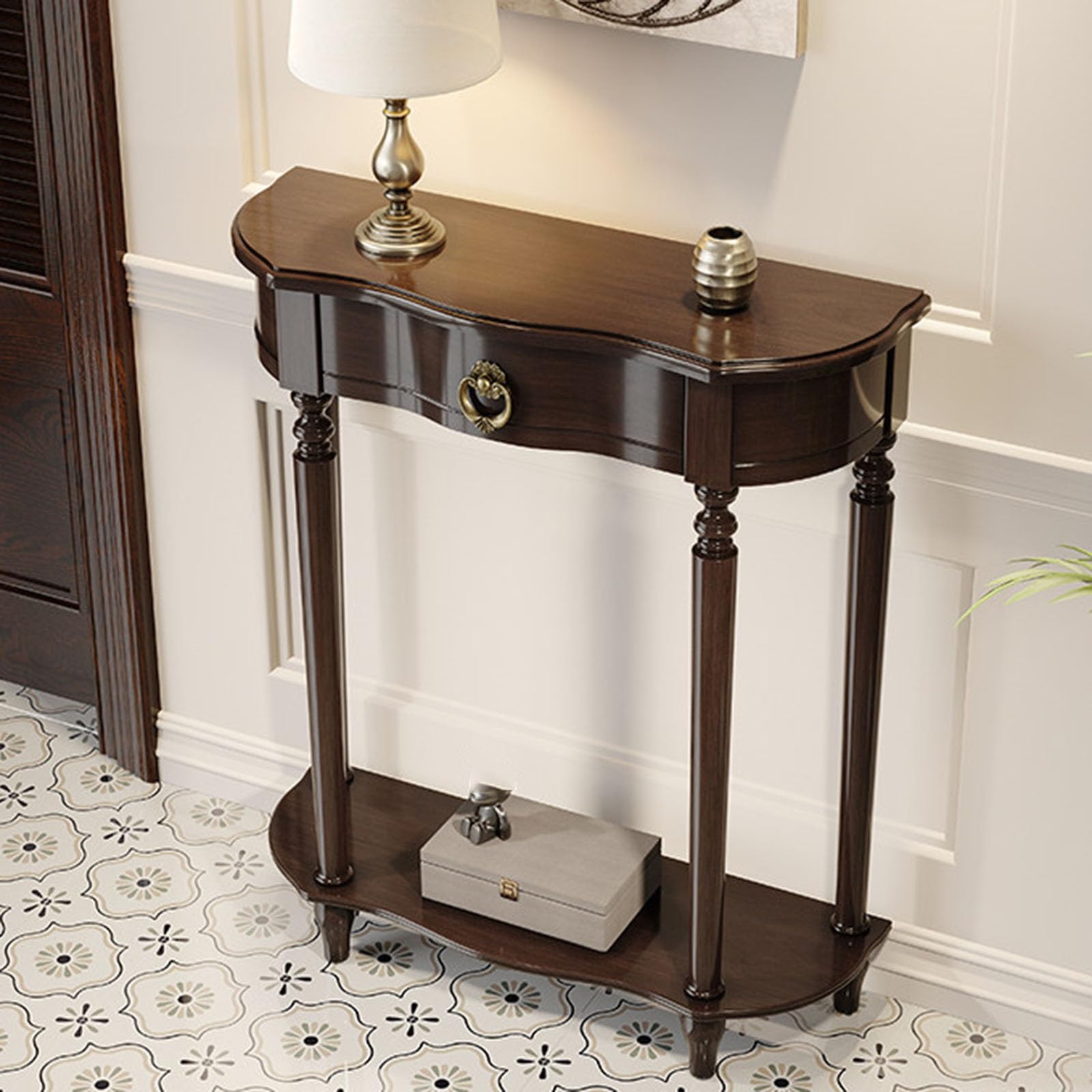 Console vintage en bois massif avec tiroir, table étroite en demi-lune