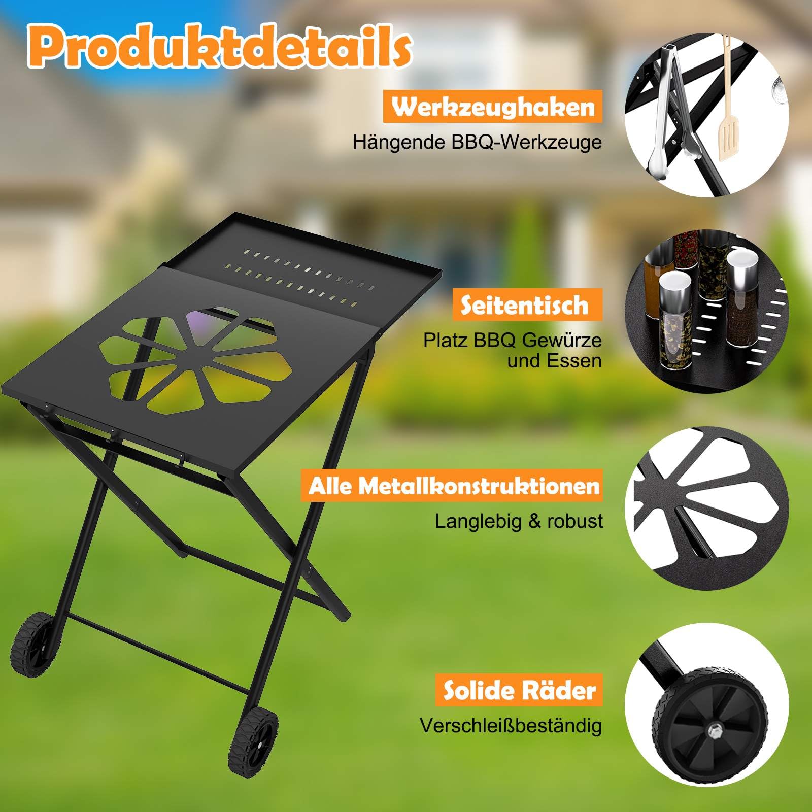 Support de Barbecue Pliable pour Ninja Woodfire OG701/OG850/OG951, Chariot Plancha Extérieur Universel avec Table Latérale et Crochets, Noir