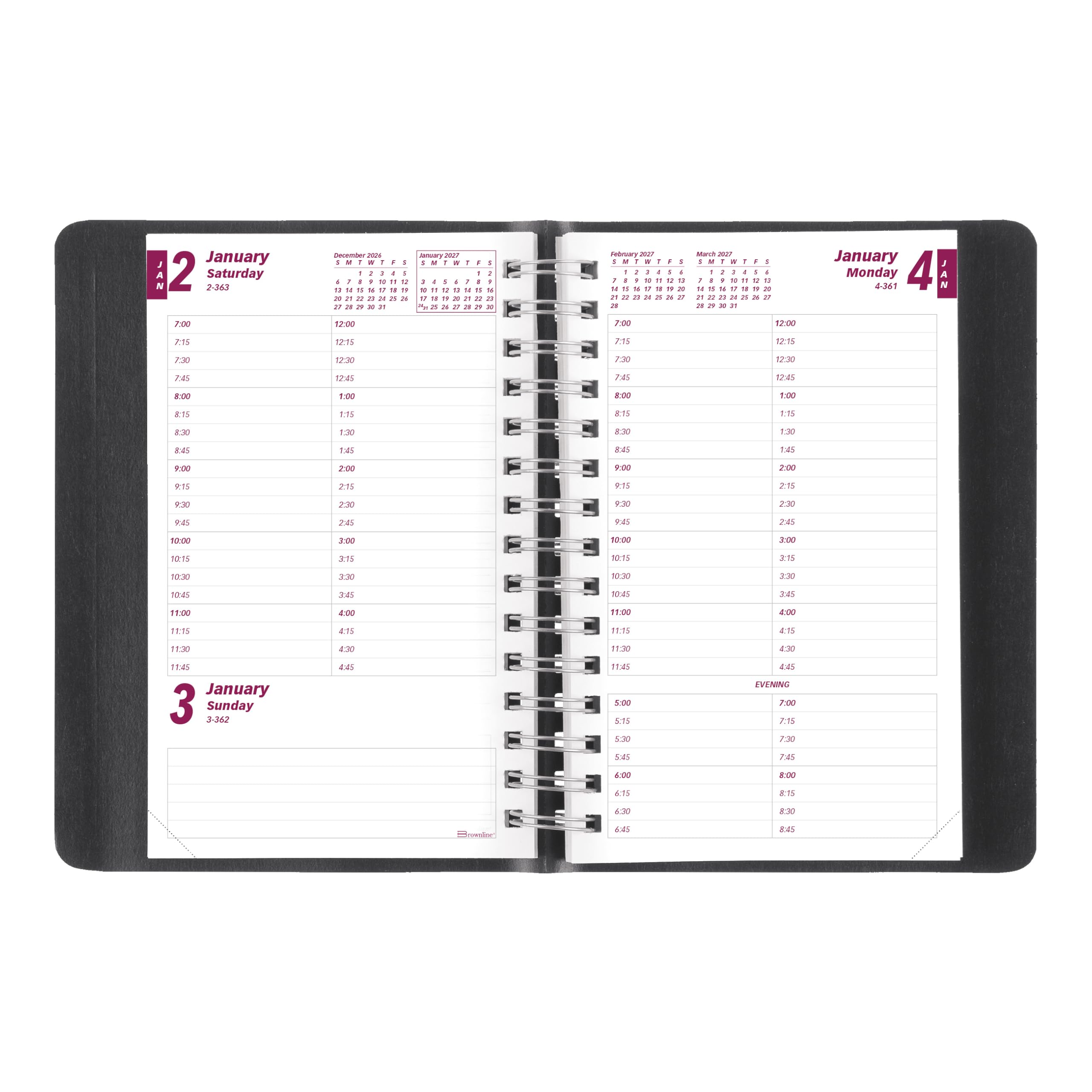 Brownline® CB800.BLK - Agenda giornaliera 2027, 12 mesi, da gennaio a dicembre, rilegatura a doppio filo, 20,3 x 12,7 cm, nero