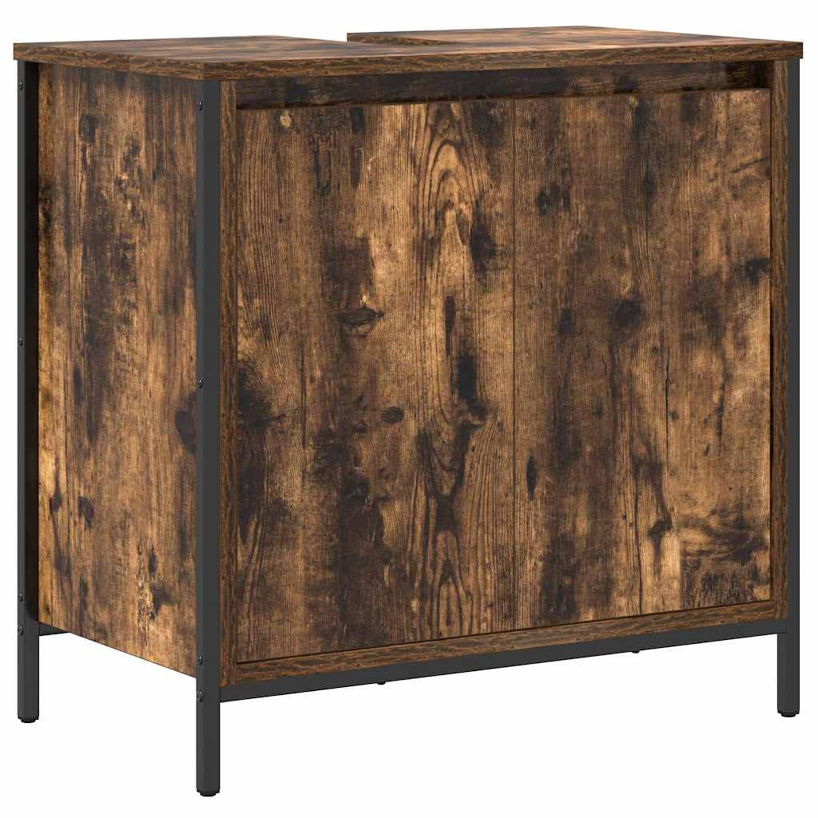 Homgoday Tocador Baño Moderno 165 cm, Armario con Espejo y Almacenamiento, Acabado Mate Roble Ahumado y Negro, Diseño Elegante y Seguro para Familias Modelo WQ1017ZJ-3328396ES