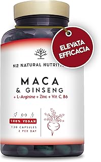 Maca Peruviana + Ginseng + L Arginina. Tripla Energia. Zinco + Vitamine C e B. Prestazioni sportive. Riduce Stanchezza e Fatica. Antiossidante. 120 Capsule. CE, Vegano, N2 Natural Nutrition
