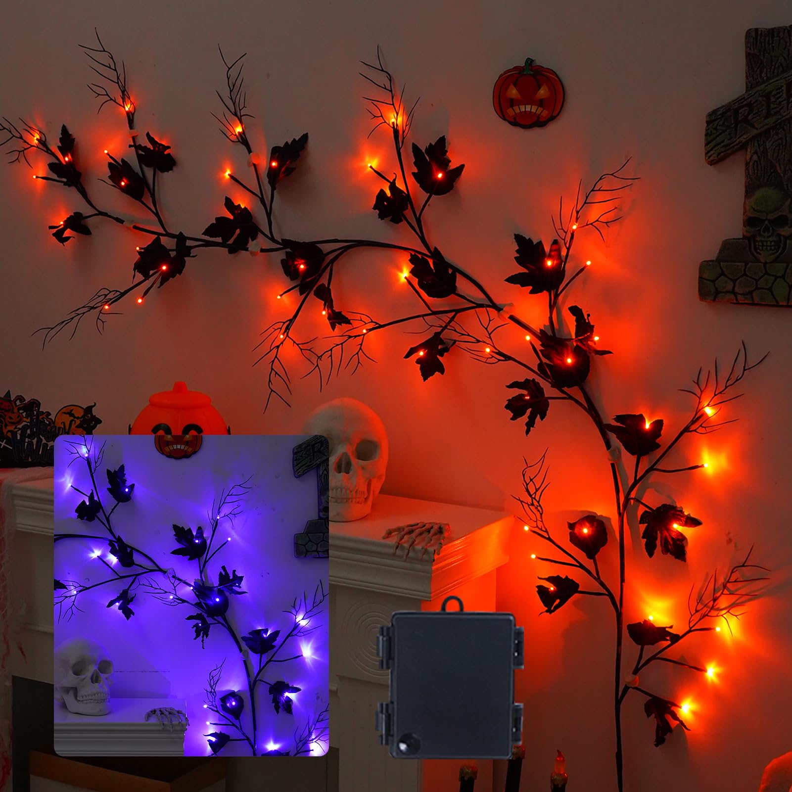 Halloween Willow Vine Twig Light, Twig String Lights Waterproof LED Vine Lights Battery Operated Pumpkin Willow Vine Twig Garland Halloween Fairy Lights Branches Lights for Home Decorations (A)