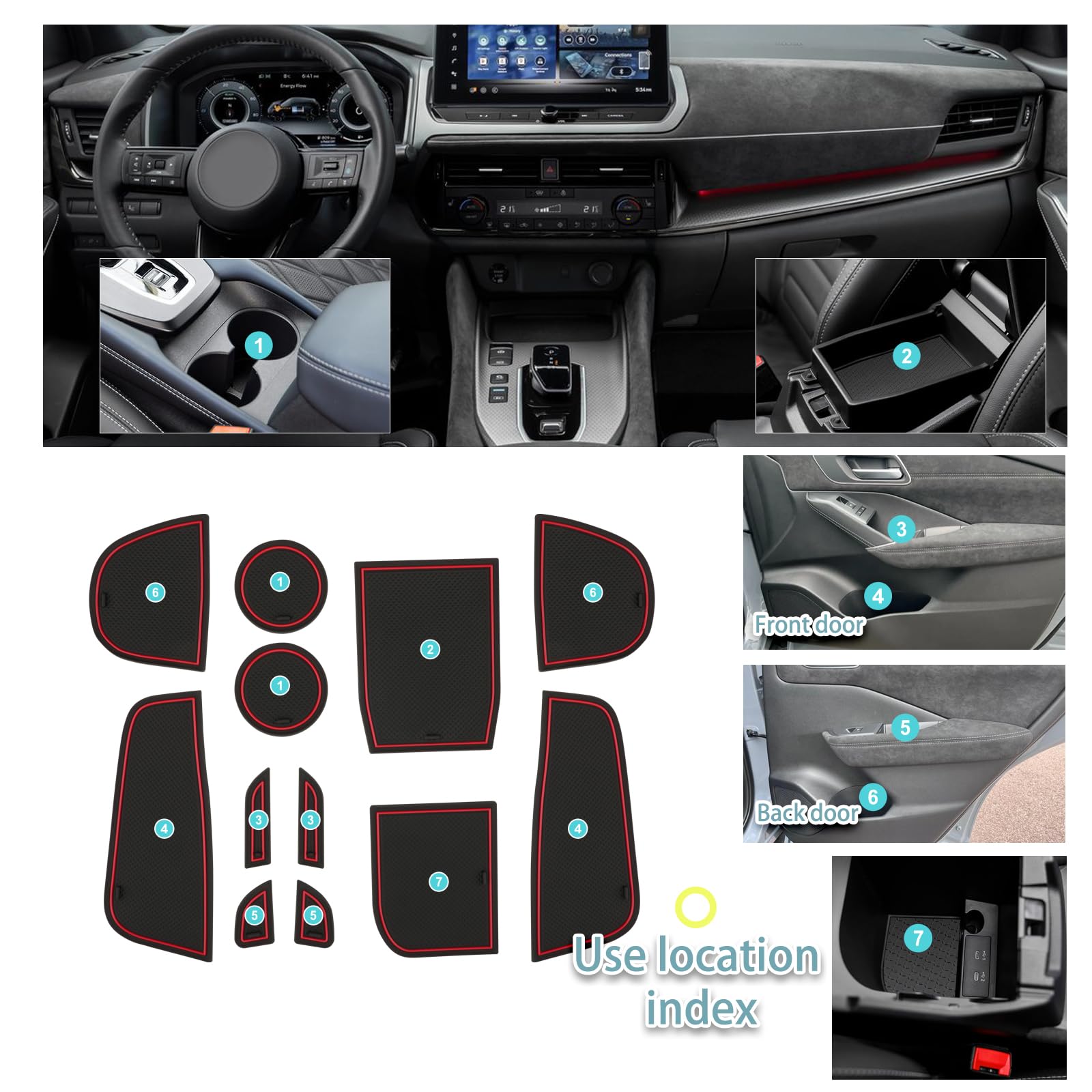 SHAOHAO dla Nissan Qashqai J12 2022-2026 Gumowe Podkładki pod środkową konsolę Podkładka do szczelin drzwiowych Nissan Qashqai J12 Akcesoria Czerwone