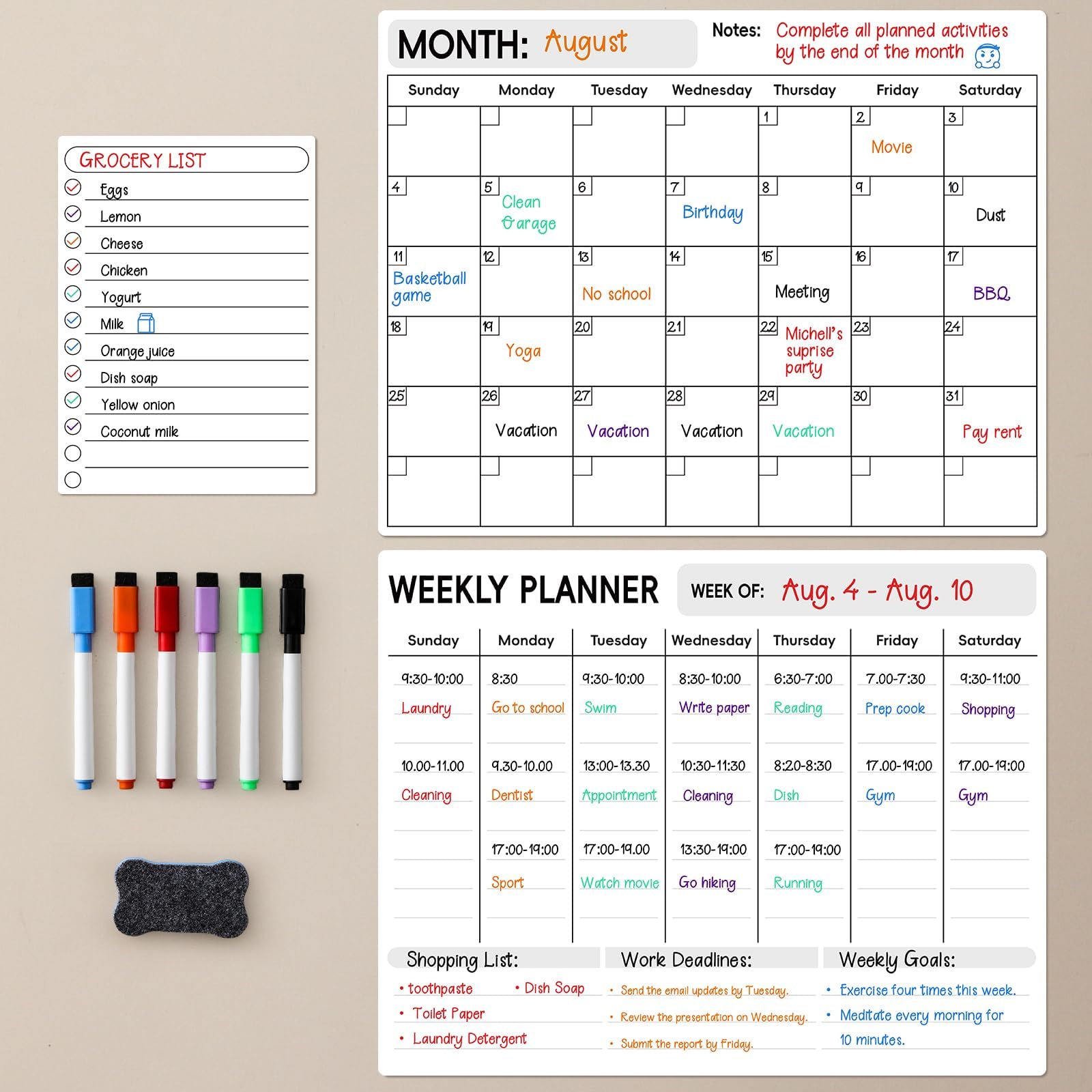 LANDNEOO Magnetic Dry Erase Calendar for Refrigerator, 3 Pack-Monthly, Weekly, Daily Magnet Fridge Whiteboard Planner for Chore Chart, Menu, To Do List, 14"X11", w/ 6 Markers, Style 2