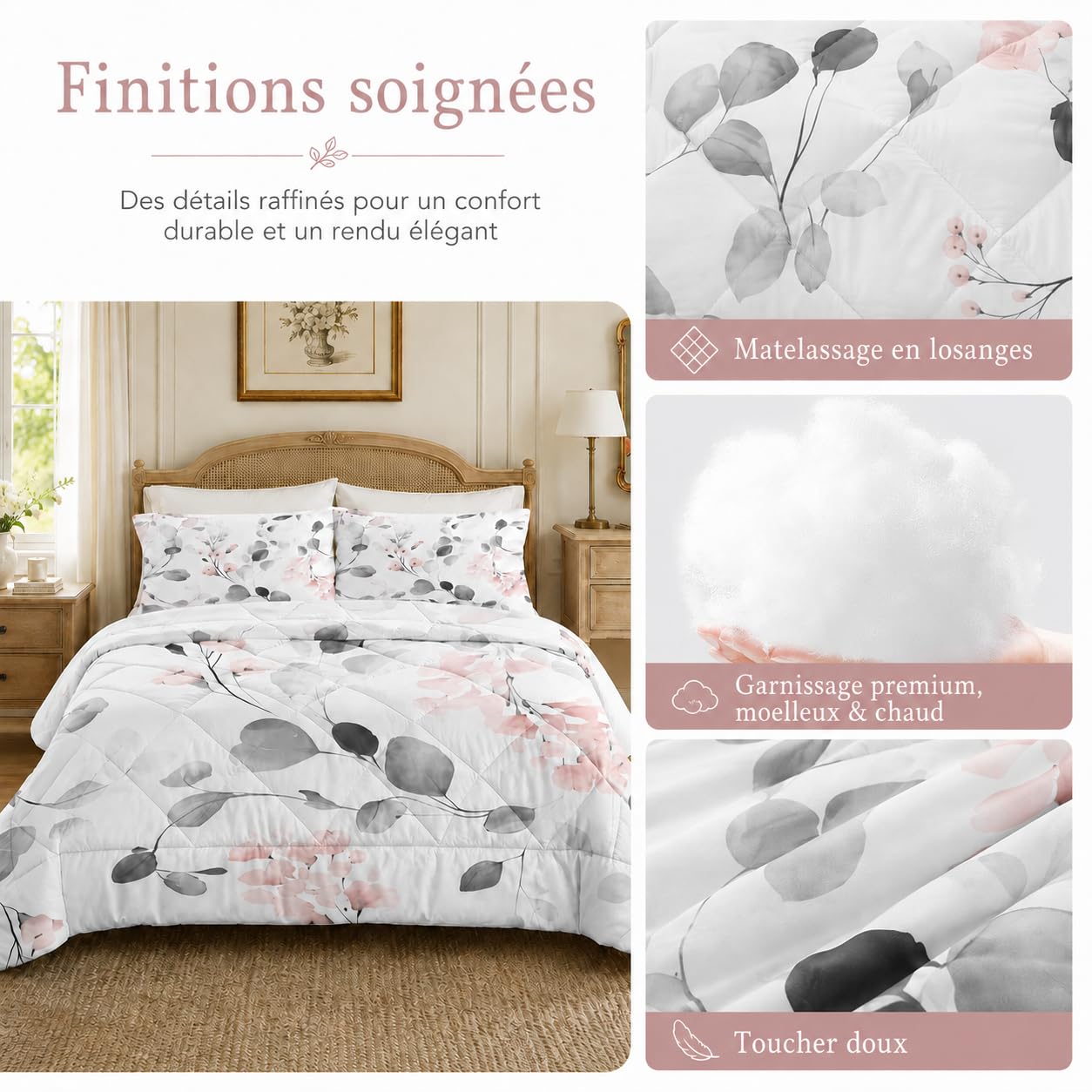Couette 220x240 Imprimée Feuilles D'eucalyptus Couette 4 Saisons Gris Couette sans Housse Couette 2 Personnes en Microfibre, Couette Réversible Ultra Douce Lavable en Machine