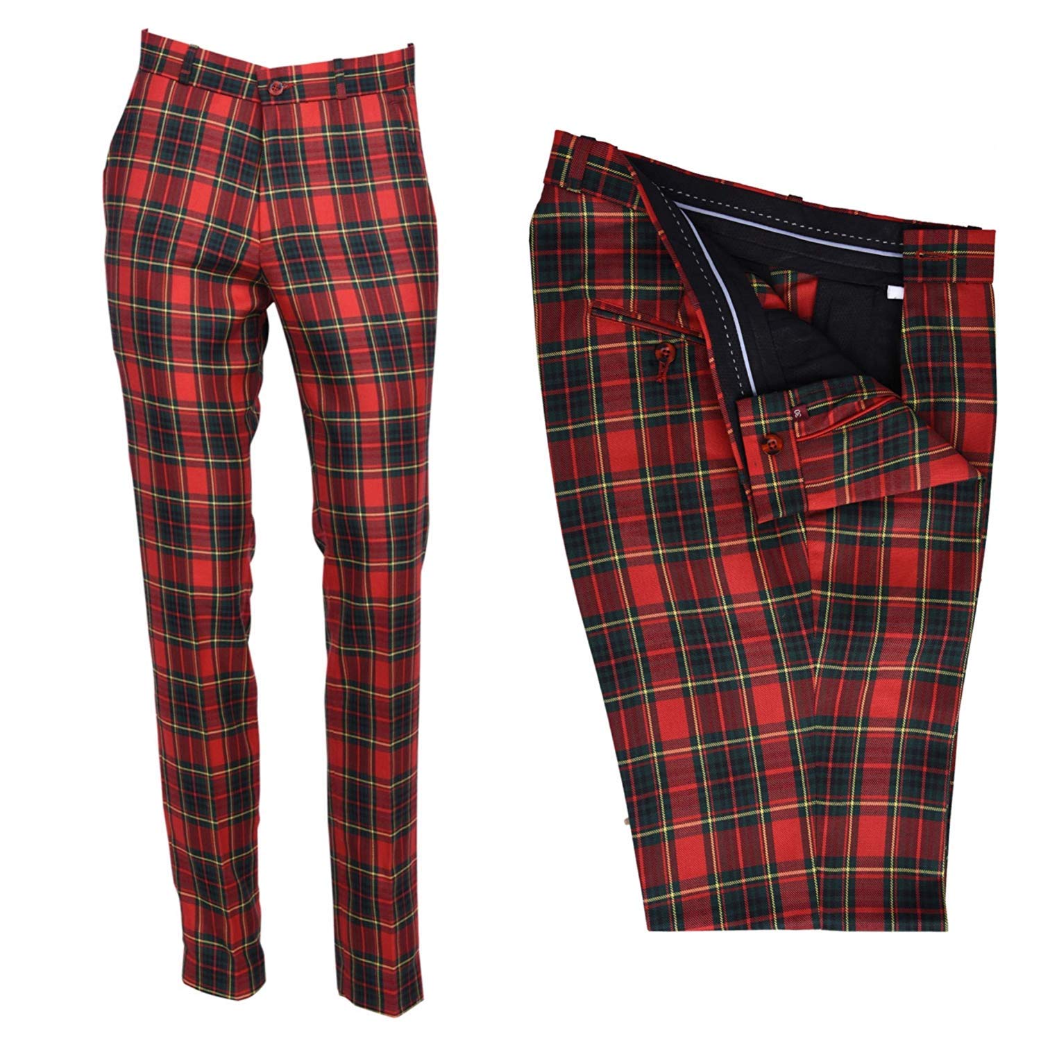 Retro Seventy2 Men's Red Black Green Stewart Tartan Classic Retro Sta Press Slim Fit Flat Fronted Golf Trousers 60S 70S Mod Pants (40" Waist)