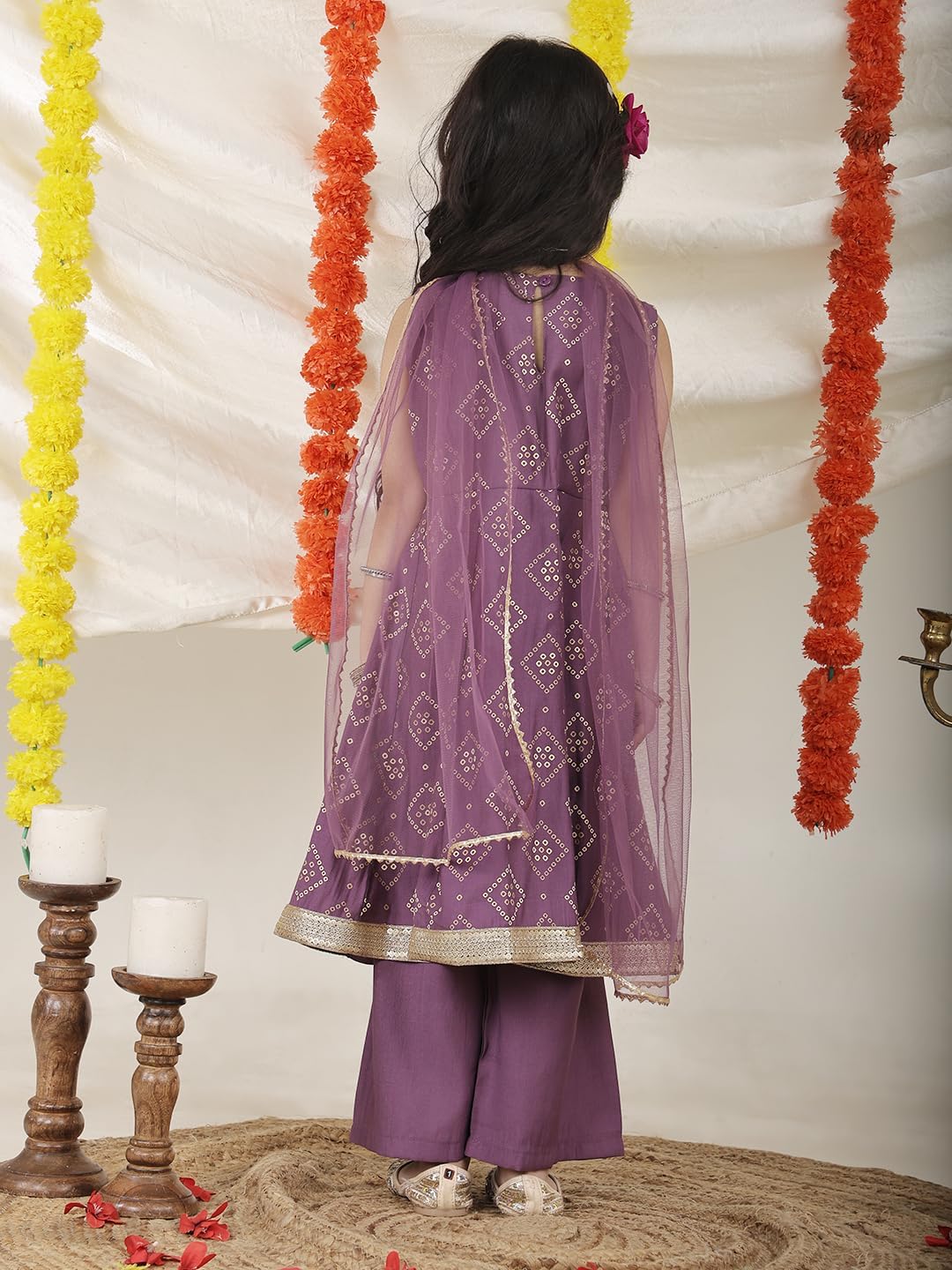 Superminis Girls Silk Blend Bandhani Print Work Sleeveless Angrakha Kurti Palazzo With Dupatta Set