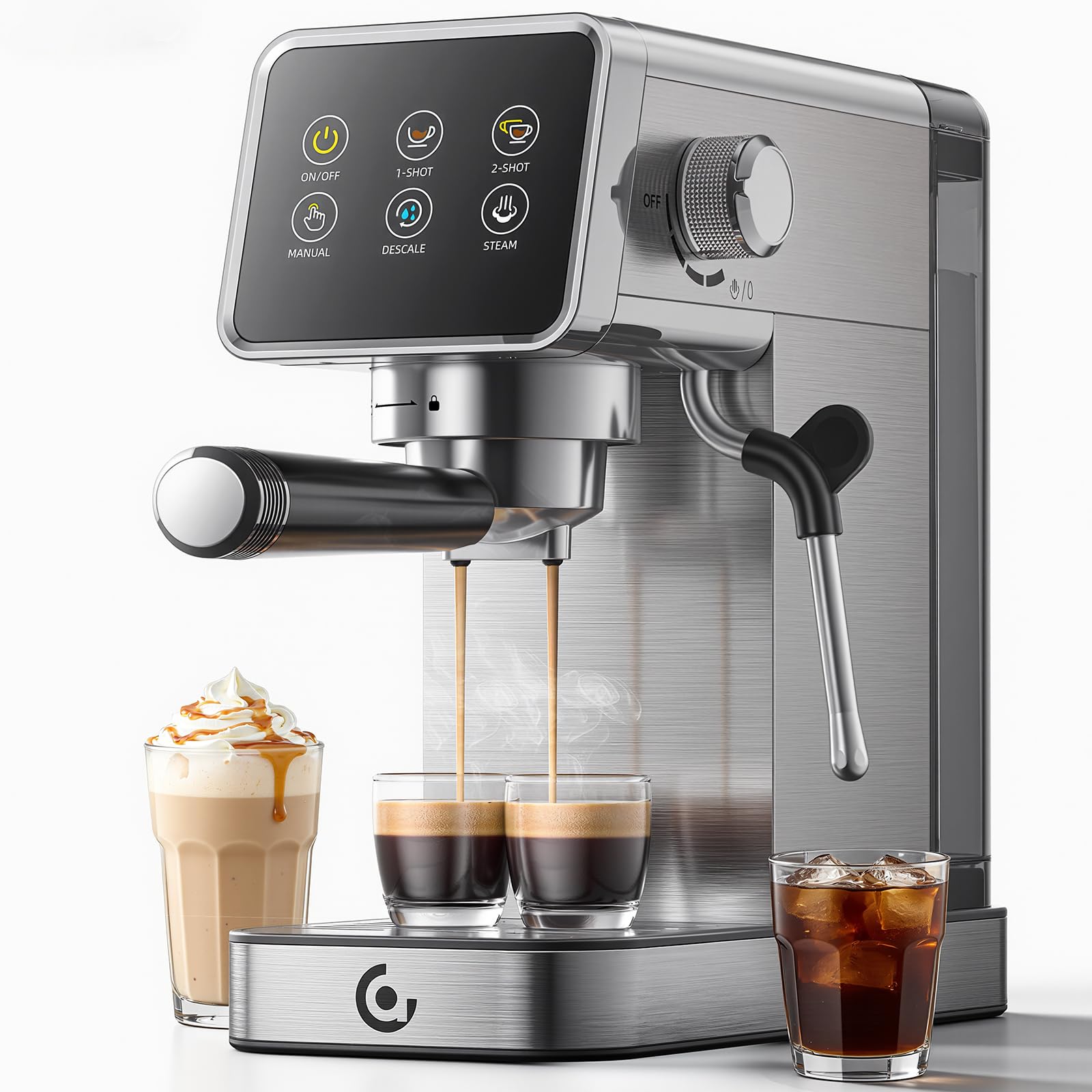 AMZCHEF Espresso Coffee Maker 20 Bar Stainless Steel with LED Touch Screen, Express Coffee Maker with Self-Cleaning and Milk Steamer, Compact for Cappuccino and Latte, Ideal for Home and Office