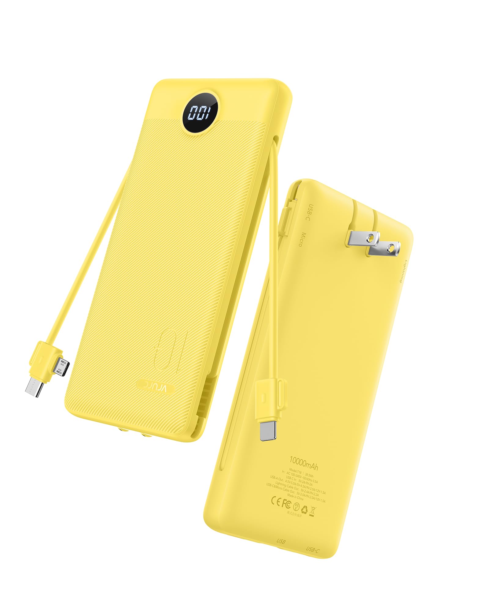 VRURC 10000mAh Power Bank, 22.5W USB C Portable Charger, Yellow | Built-in AC wall plug and cables, LED display, airline approved, slim 8 oz design