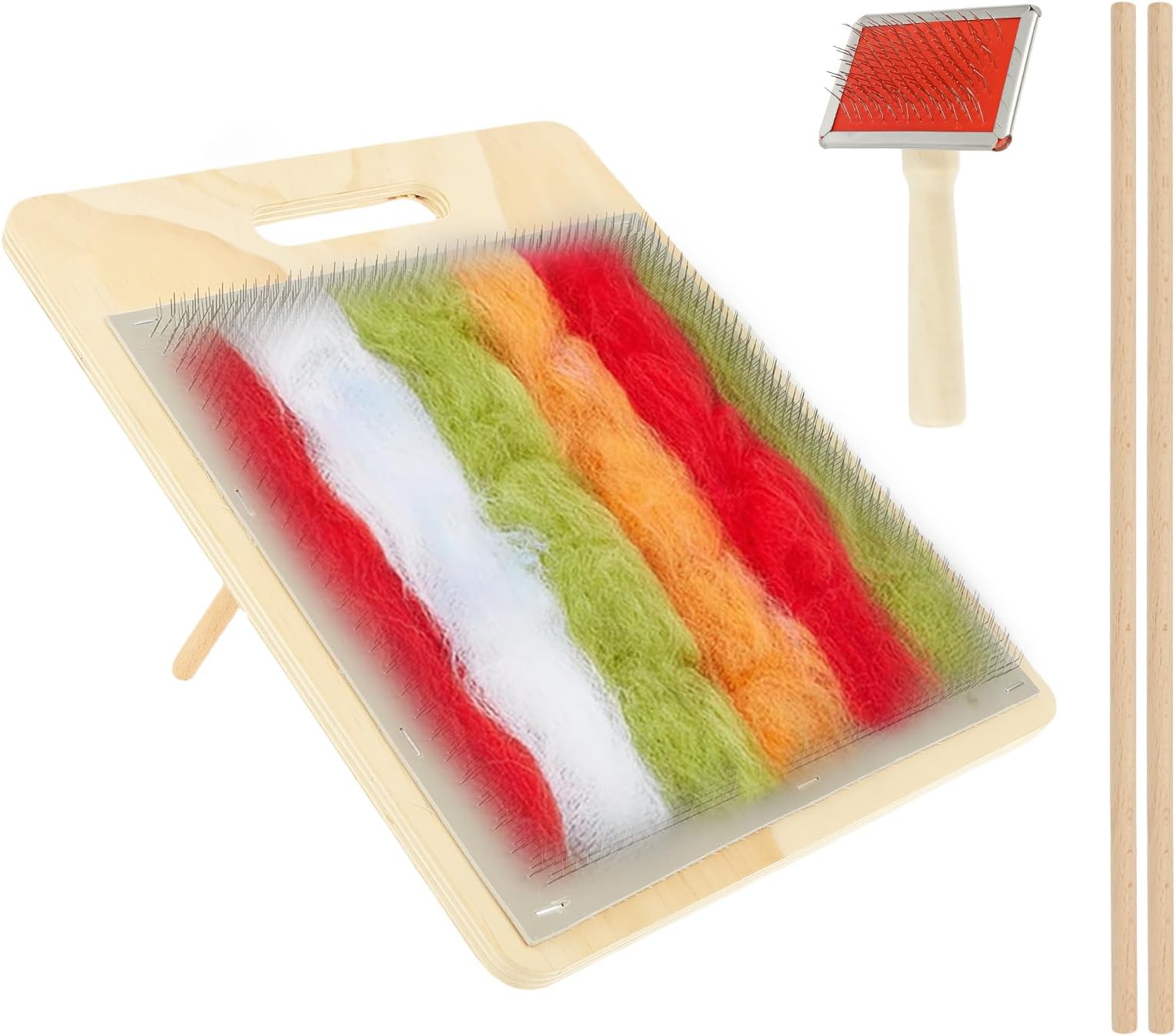 Wool Blending Board Carding Brush Set, Wheel for Wool with 2 Wood Sticks, Fiber Drum Carder for Mix Color Fiber DIY Projects