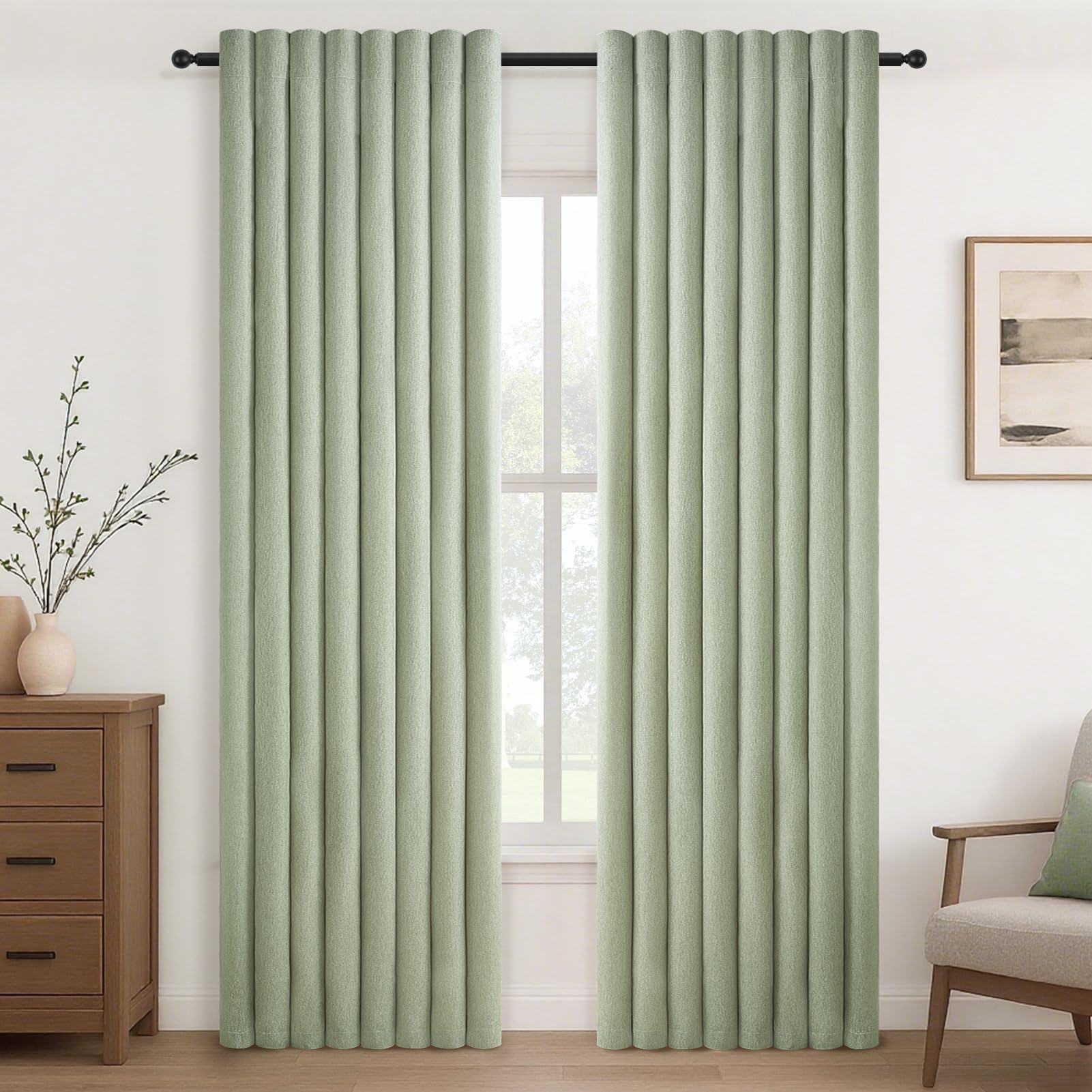 Topfinel Cortinas Verde Salvia Salon 2 Piezas 140x245cm(Ancho x Alto) Semitranslúcido Boho Cortinas de Imitación de Lino con Ojales Modernas Decorativas para Dormitorio Ventanas