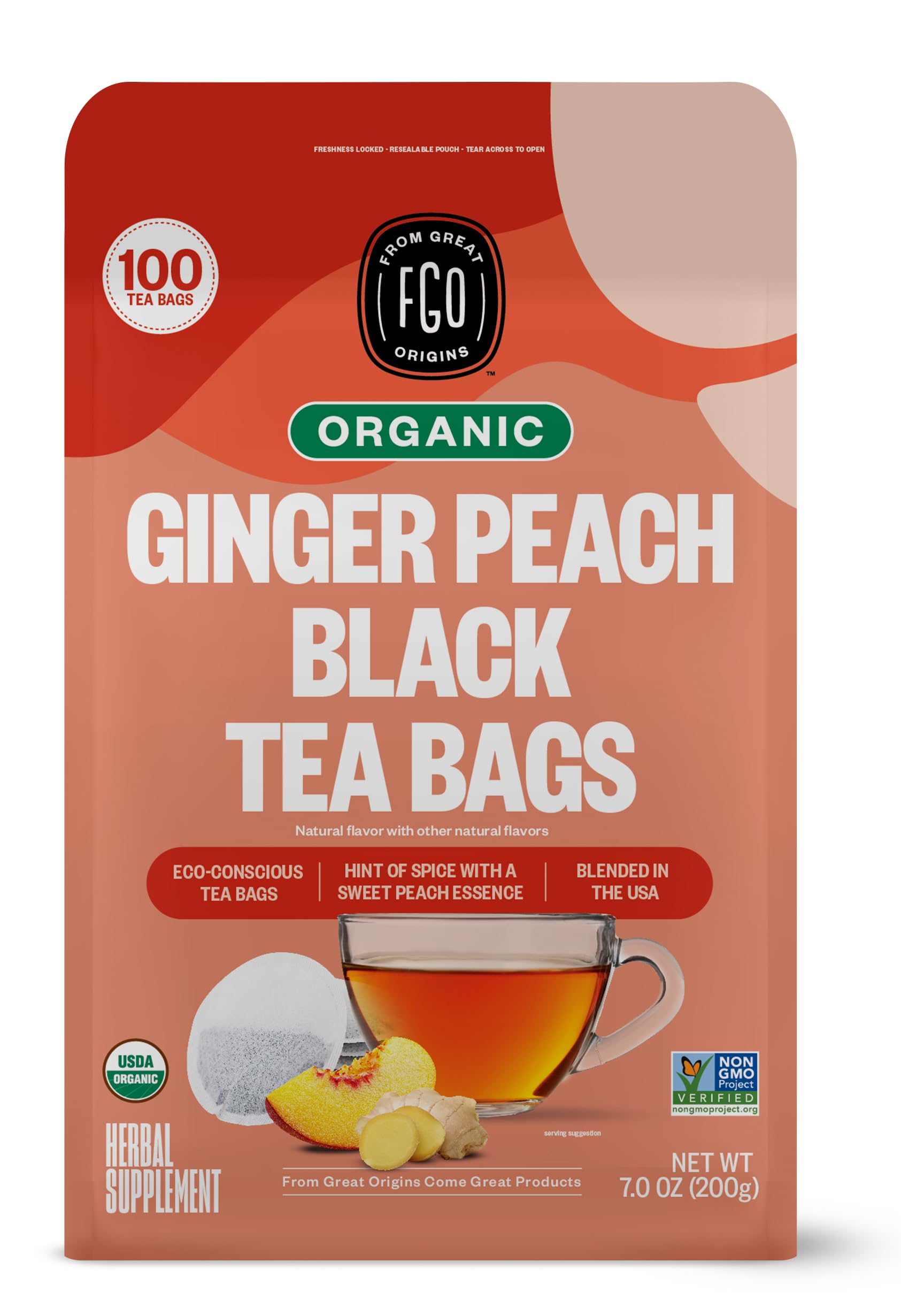 FGOOrganic Ginger Peach Black Tea, 100 Count, Eco-Conscious Tea Bags, Resealable Bag, Packaging May Vary (Pack of 1)