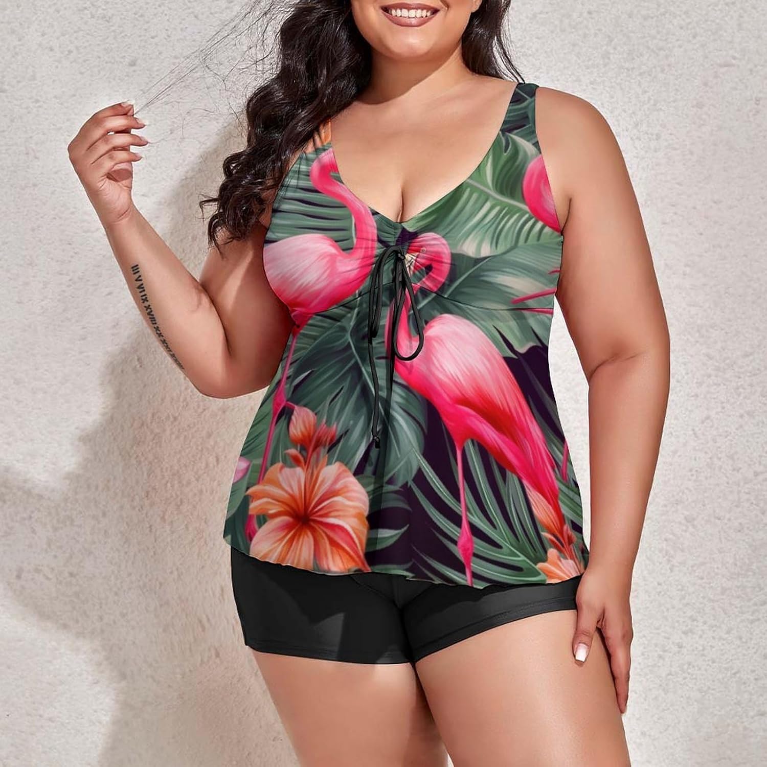 Plus Size Tankini Swimsuit for Women's Flamingo Hawaii Summer Tummy Control Swimdress Women's 2 Pieces Swimsuits with Shorts