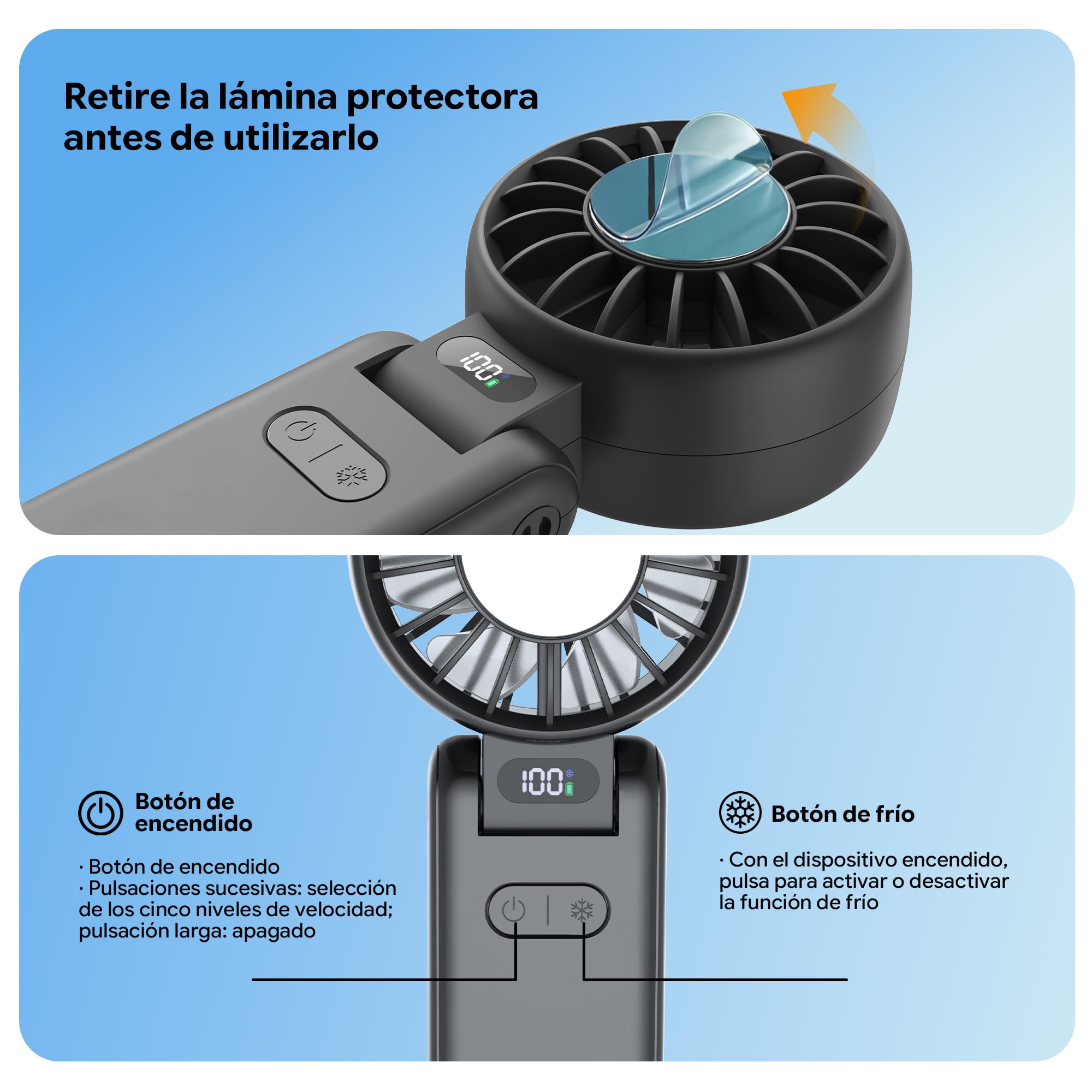 Ventilador Portátil con Refrigeración por Hielo, Enfriamiento en 3 s, Recargable, 5 Velocidades, hasta 9 m/s,carga USB-C,para Viajes, Oficina y Exterior