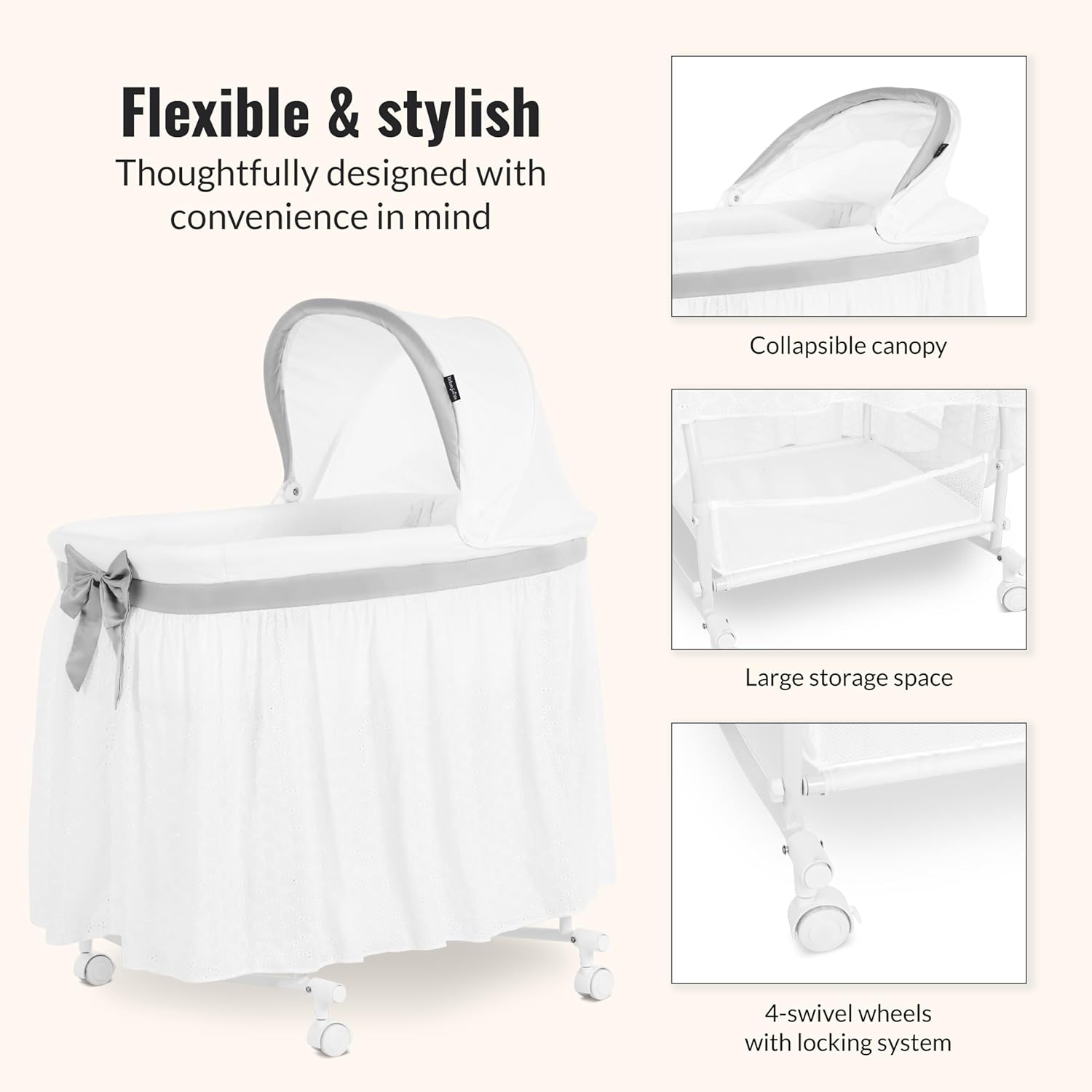 Dream On Me Montreal 2-in-1 Baby Bassinet with Rocking Mode, Ruffled Design, Adjustable Mesh Canopy, Under-Bassinet Storage, Lightweight & Portable with Locking Wheels, Mattress Pad Included - Grey - Image 4