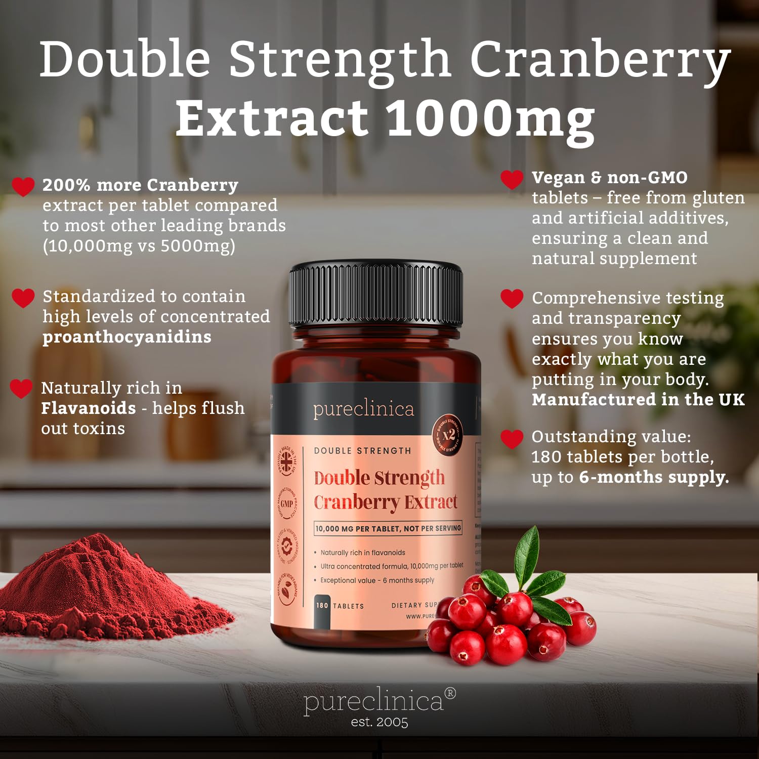 Extrait de Canneberge Double Concentration 10 000 mg x 180 Comprimés Ultra Concentrés - Fourniture de 6 mois !