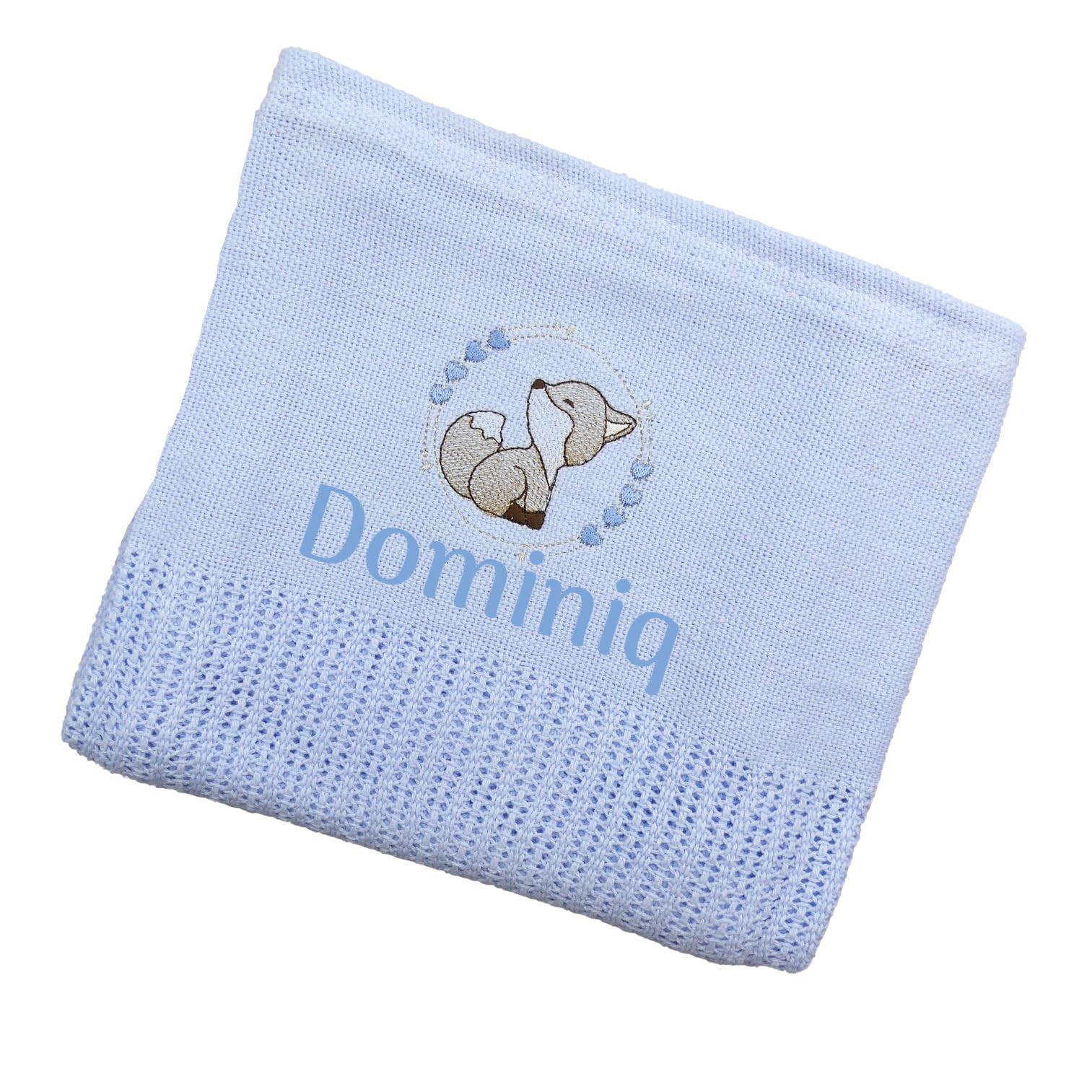 The Pyjama Party Blue Fox Personalised Baby Cellular Blanket With Embroidered Animal Motif 110Cm X 70Cm 100% Cotton Ideal Baby Gift