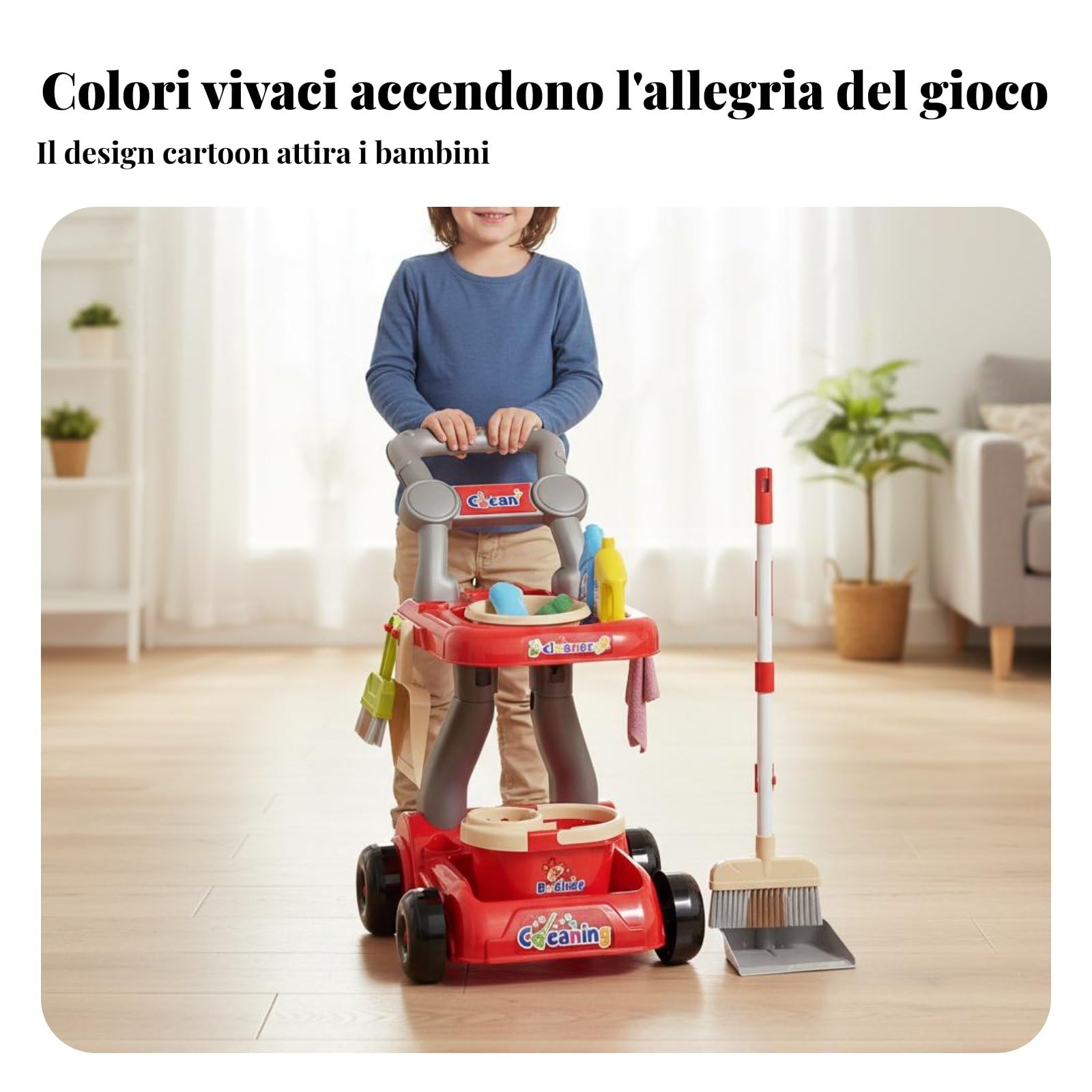 Children Cleaning Playset Set de Aseo Infantil Juguete Educativo Escoba Trapeador Recogedor Plástico con Base de Guardado Herramientas a Tamaño , Azul , SetTrolley18pzs