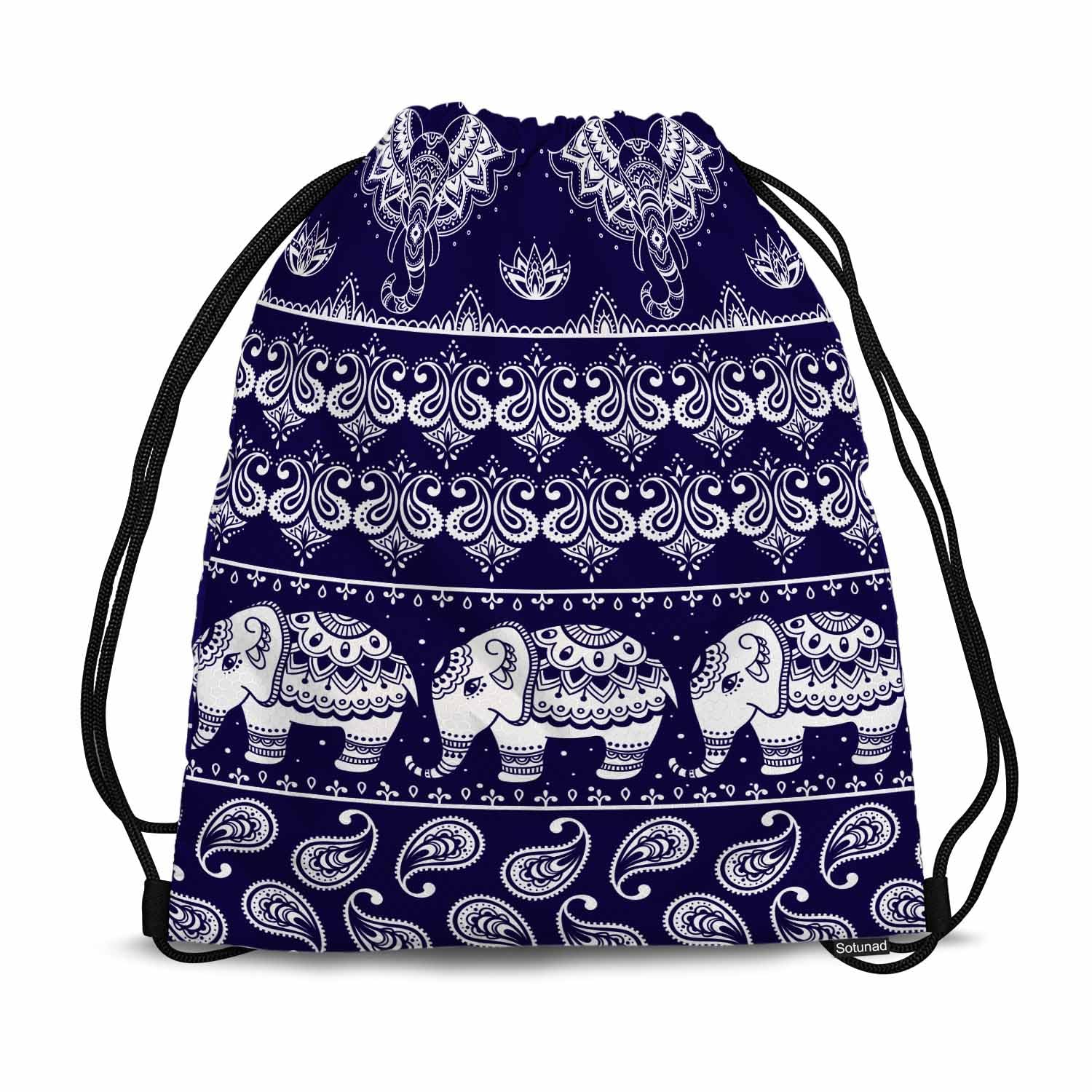 Drawstring Backpack Gym Backpack Elephant Lightweight Waterproof Tribal Paisley And Lotus Ethnic Seamless Pattern 14x16.9 Inch