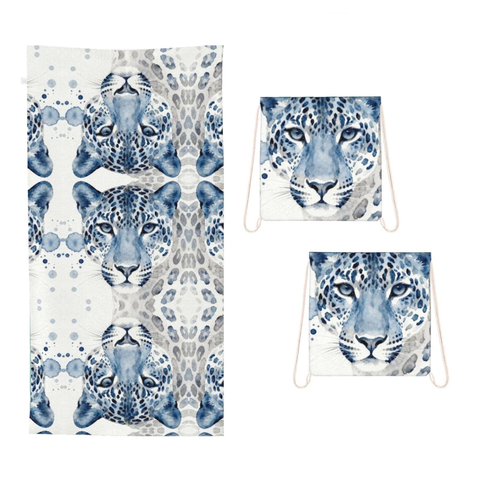 CNTDBU Blue leopard print pattern 2 in 1 Packable Towel Bag-Large Beach Towel with Stuff Sack, Super Absorbent Microfiber Travel Towel for Pool