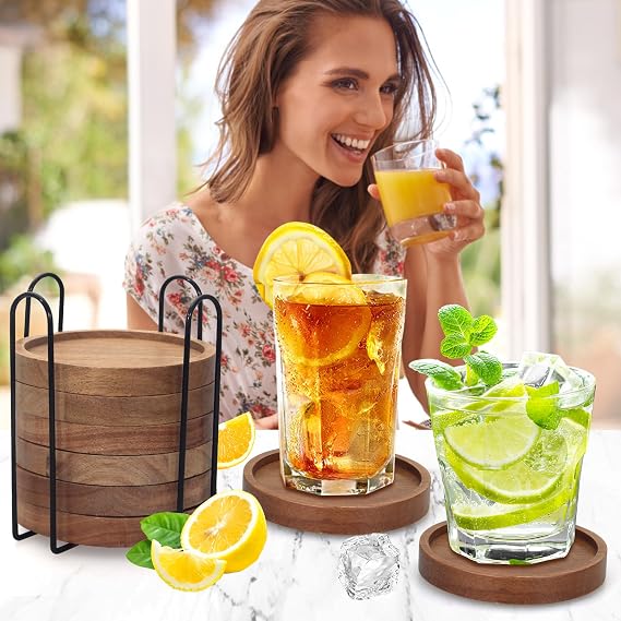 Rustic Acacia Wood Coasters Set of 8 with Holder - Farmhouse Modern Outdoor Bar & Home Decor