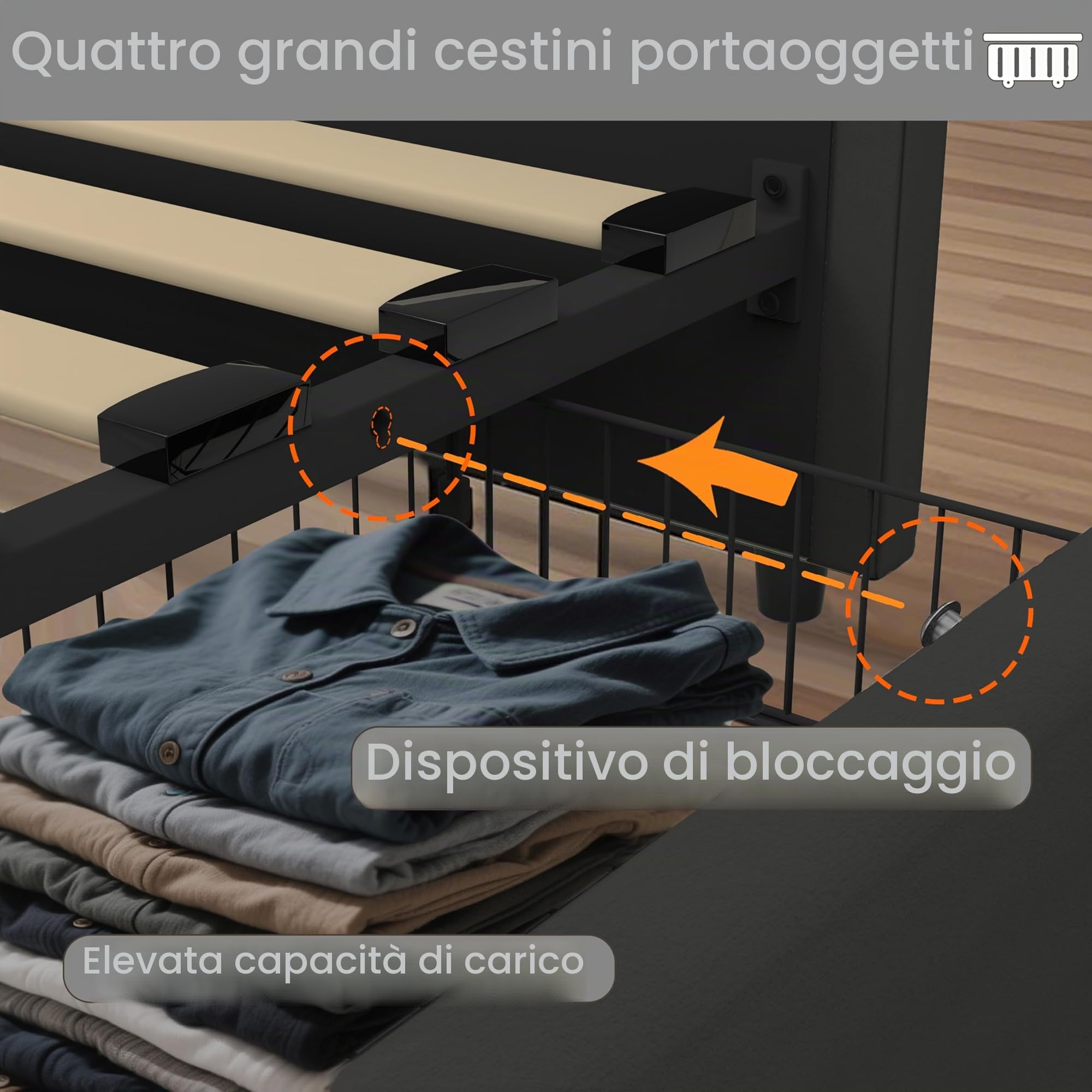 Struttura letto con cassetti portaoggetti 140x200cm,velluto,nero