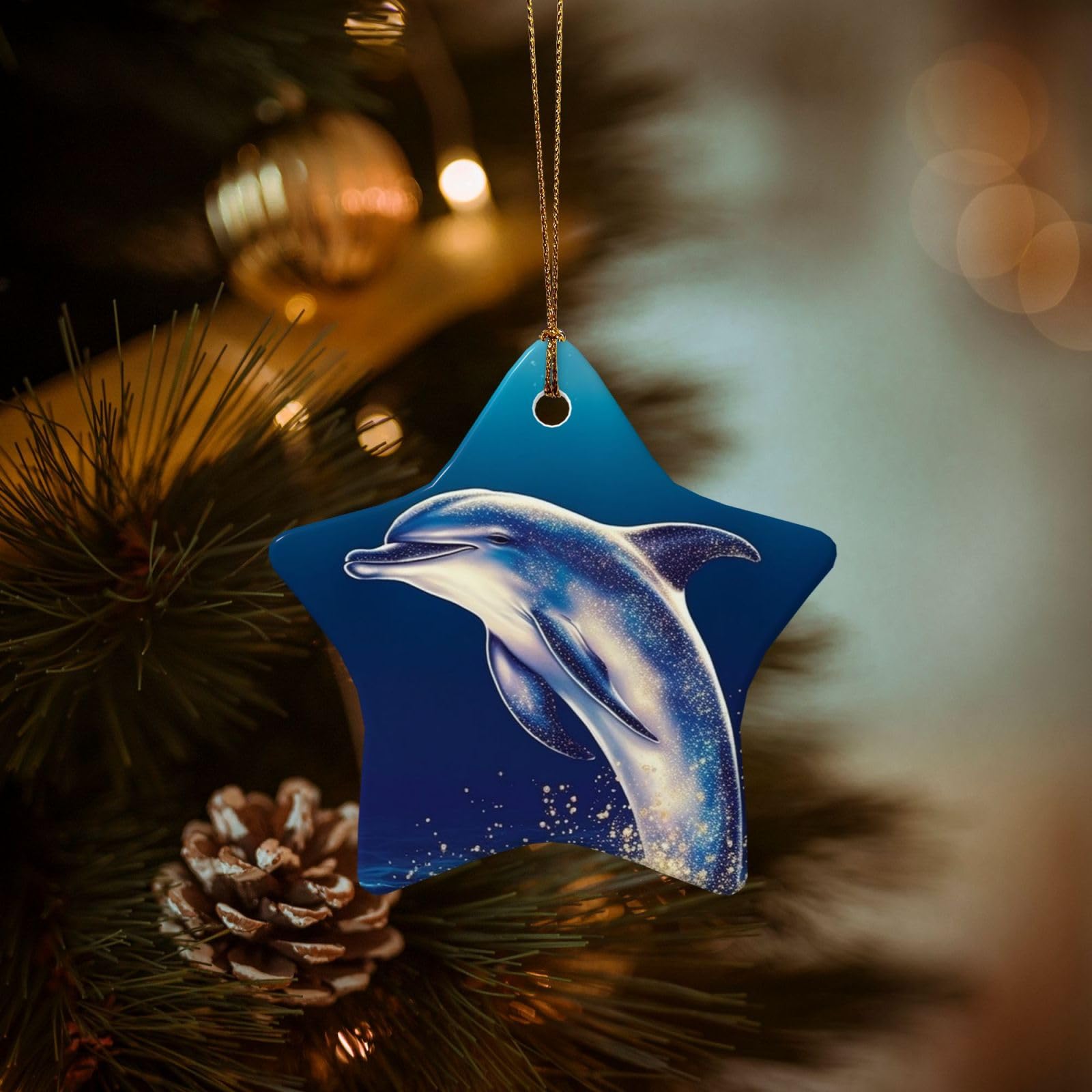 Christmas Ornaments for Christmas Tree Decoration Hanging Glitter Dolphin Ornament with Gold Ribbon Crafts Star Shape Ceramic Pendant for Keepsake Gifts Xmas Decor Party Supplies