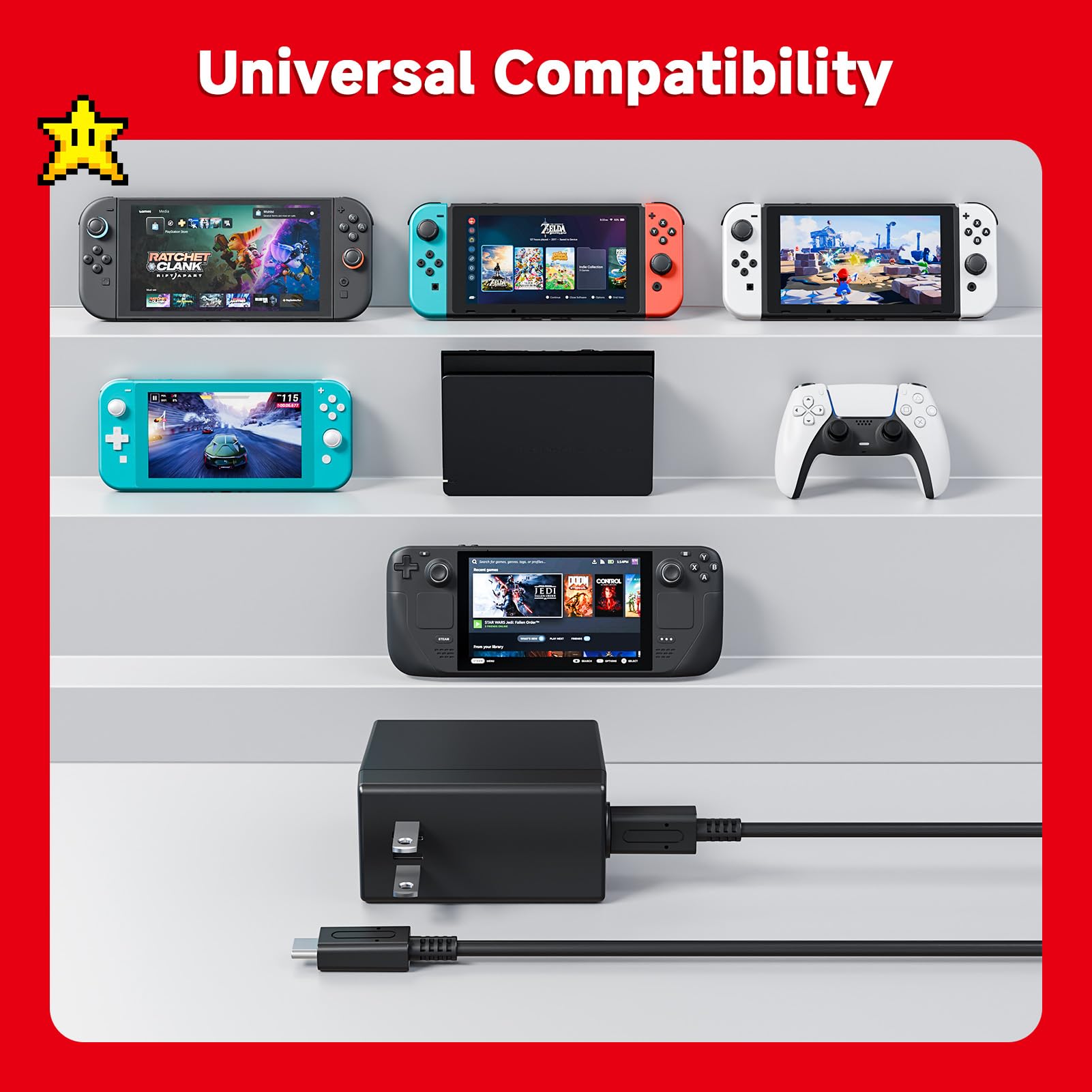Charger for Nintendo Switch, 45W AC Adapter Fast Charging with 5ft Detachable USB C Cable, Compatible with Switch/OLED/Lite, Steam Deck, Support TV Mode, Original Quality
