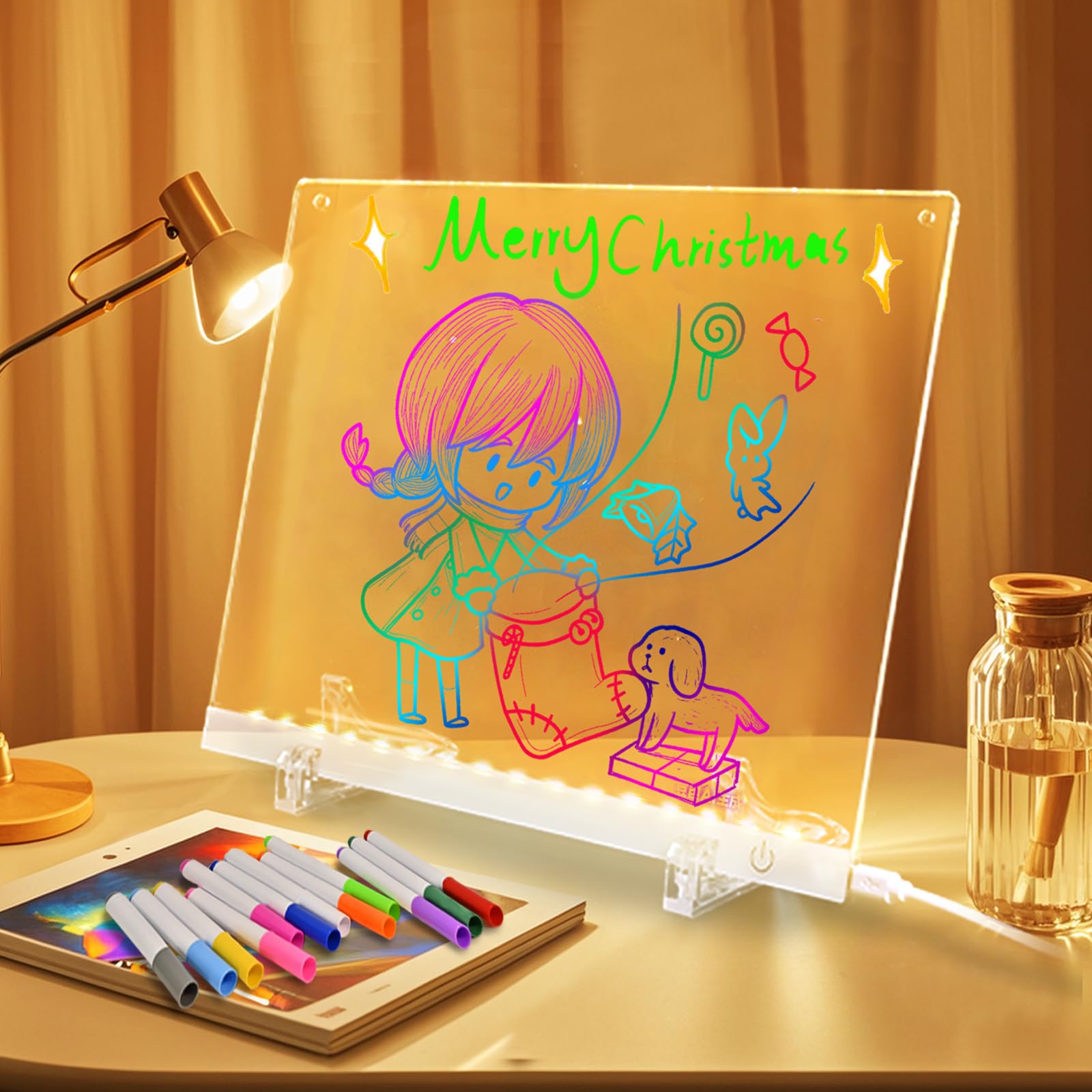 LED Note Board with Colors 12-Color Illuminated Acrylic Drawing Board - Dry-Erase Night Light with Stand for Home/Office/Gift/Festival (12" W x 8.5" H