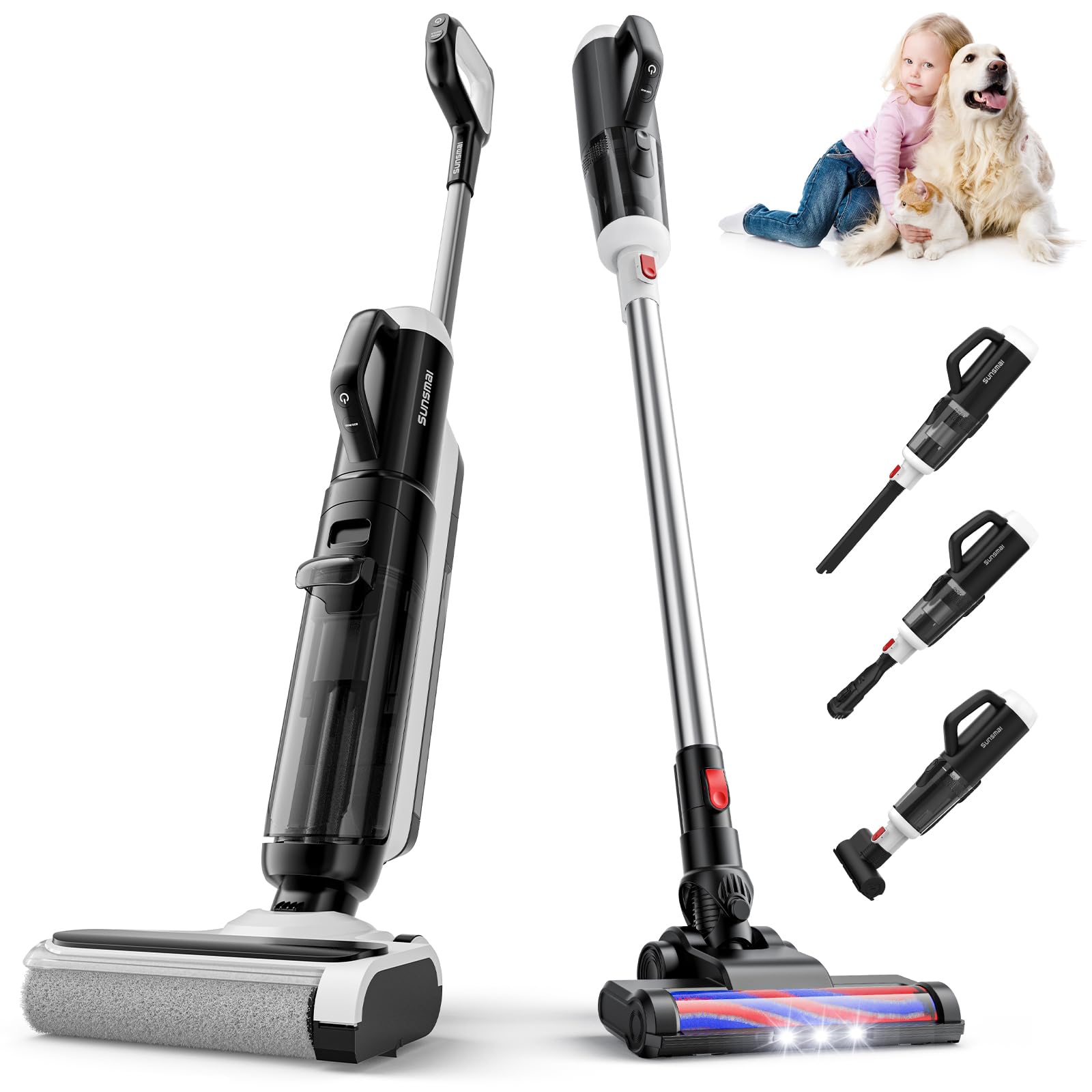 People using the SUNSMAI B66C vacuum cleaner in various modes, including upright wet vacuuming and handheld dry vacuuming.