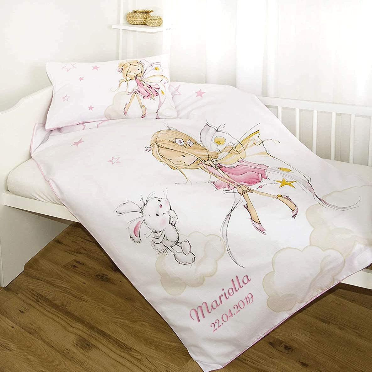 Wolimbo Baby Bettwäsche mit Namen 100x135 cm - Motiv Fee - für Kinder Junge und Mädchen Set