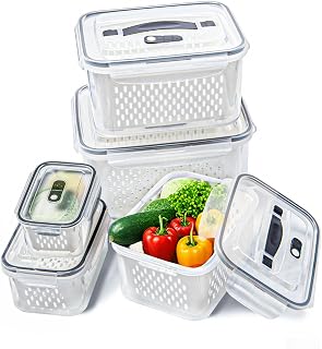 Fresh Food Containers with Drain Baskets 5 Pack Plastic Refrigerator Containers Airtight Fridge Storage Stackable Containers with Lid for Fruit Salad Vegetables,5 Sizes